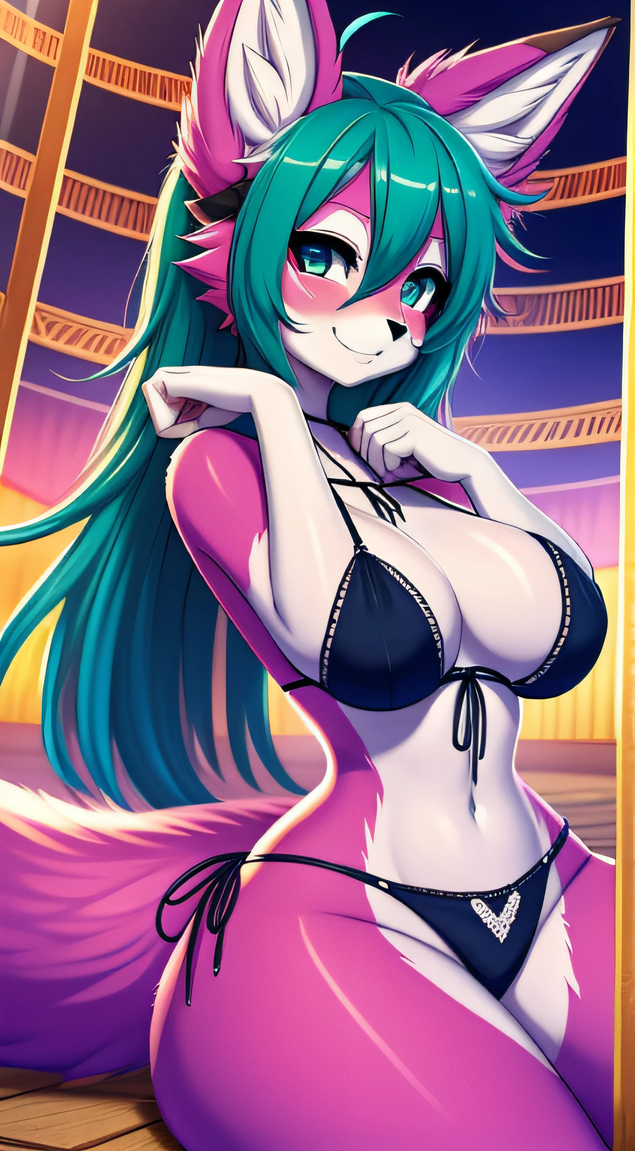 Bikini, anime style, no tail, masterpiece, uhd, ccurate, anatomically correct, super detail, high detail, best quality, 16k, 1080p, thick_thighs,big tits, big ass, high saturation, colorful, detailed manga illustration, fox girl, (furry: 1.21), fox_ears, floating hair, looking at the audience, detailed fingers, contour deepening