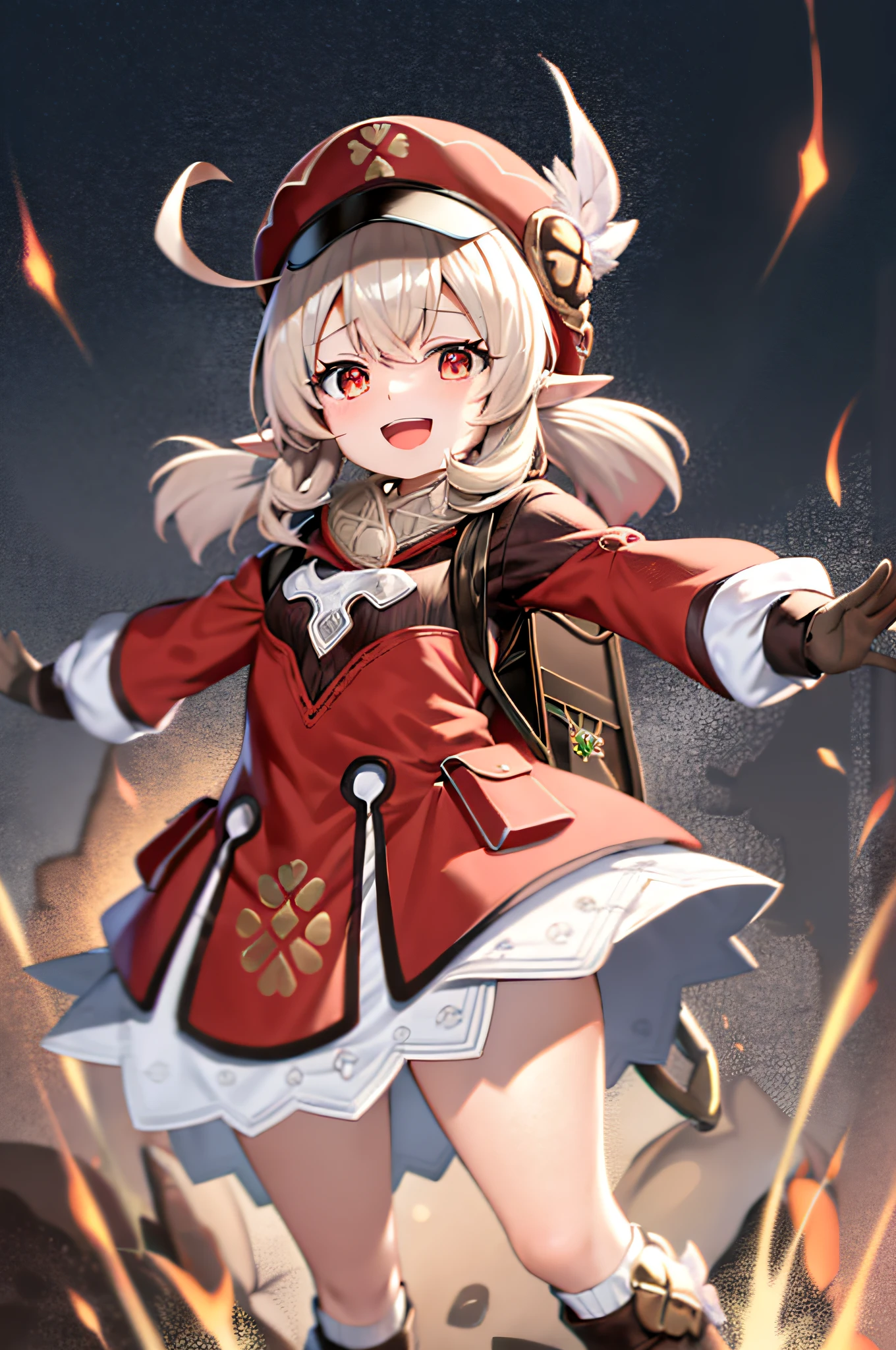 masterpiece, best quality, 1girl, explosion, klee (genshin impact), hat, solo, boots, gloves, red headwear, smile, outstretched arms, open mouth, backpack, bag, looking at viewer, spread arms, twintails, dress, long hair, hat feather, brown footwear, long sleeves, red dress, knee boots, bangs, ahoge, pointy ears, red eyes, :d, blonde hair, cabbie hat, full body, socks, low twintails, hair between eyes, kneehighs, feathers, brown gloves, dodoco (genshin impact), white feathers, upper teeth only, teeth, sidelocks, randoseru, scarf, ((peeing self)), toilet location