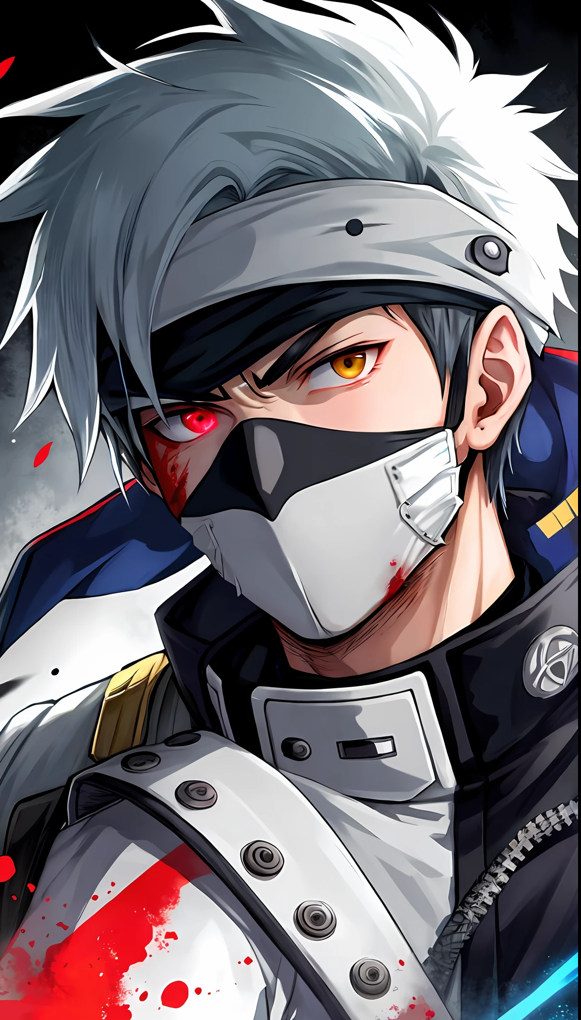 kakashi, 1boy, solo, male focus, glowing, red eyes, heterochromia, looking at viewer, glowing eye, blood, scar, ninja, glowing eyes, blood on face, scar on face