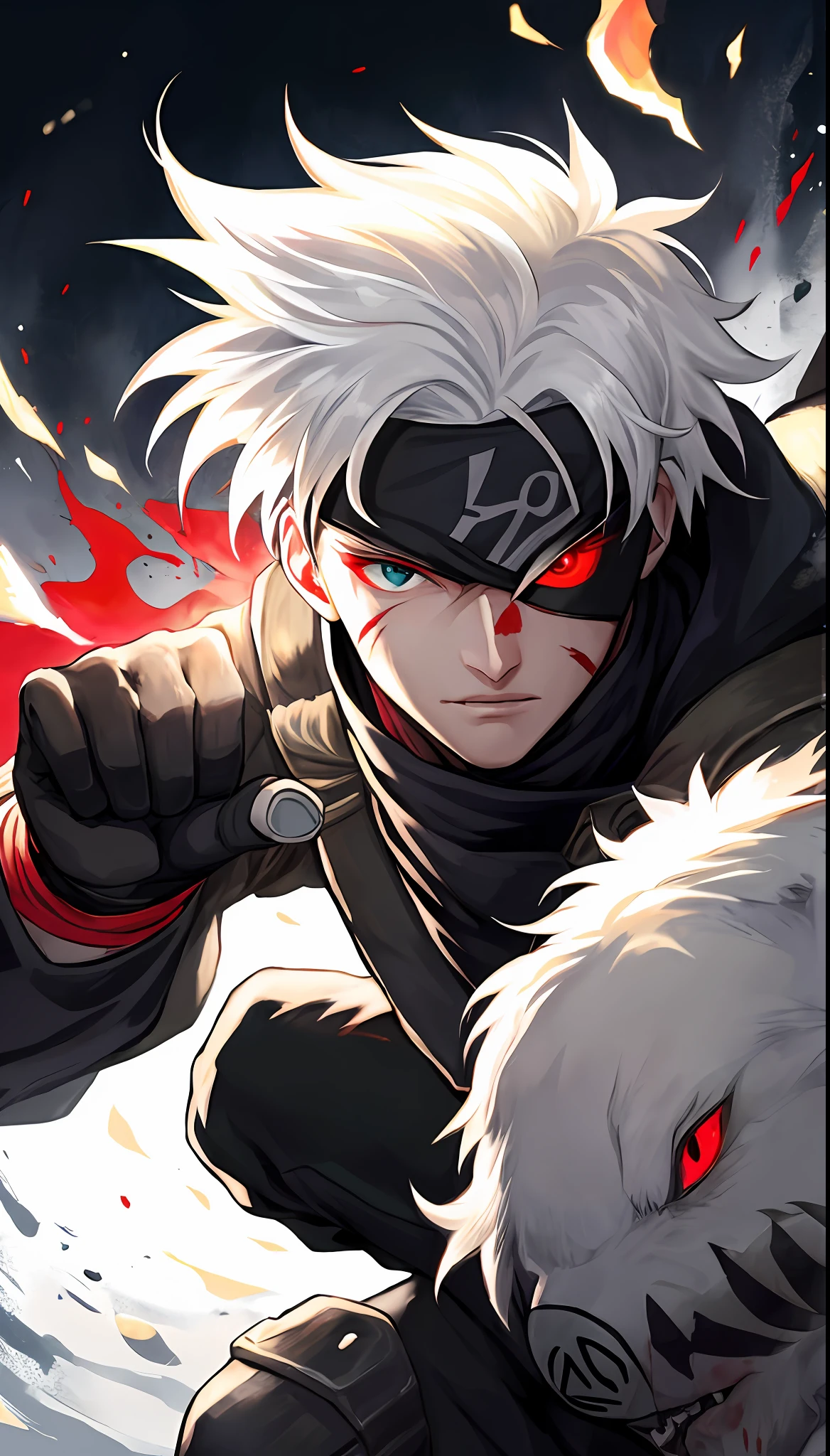 kakashi, 1boy, solo, male focus, glowing, red eyes, heterochromia, looking at viewer, glowing eye, blood, scar, ninja, glowing eyes, blood on face, scar on face