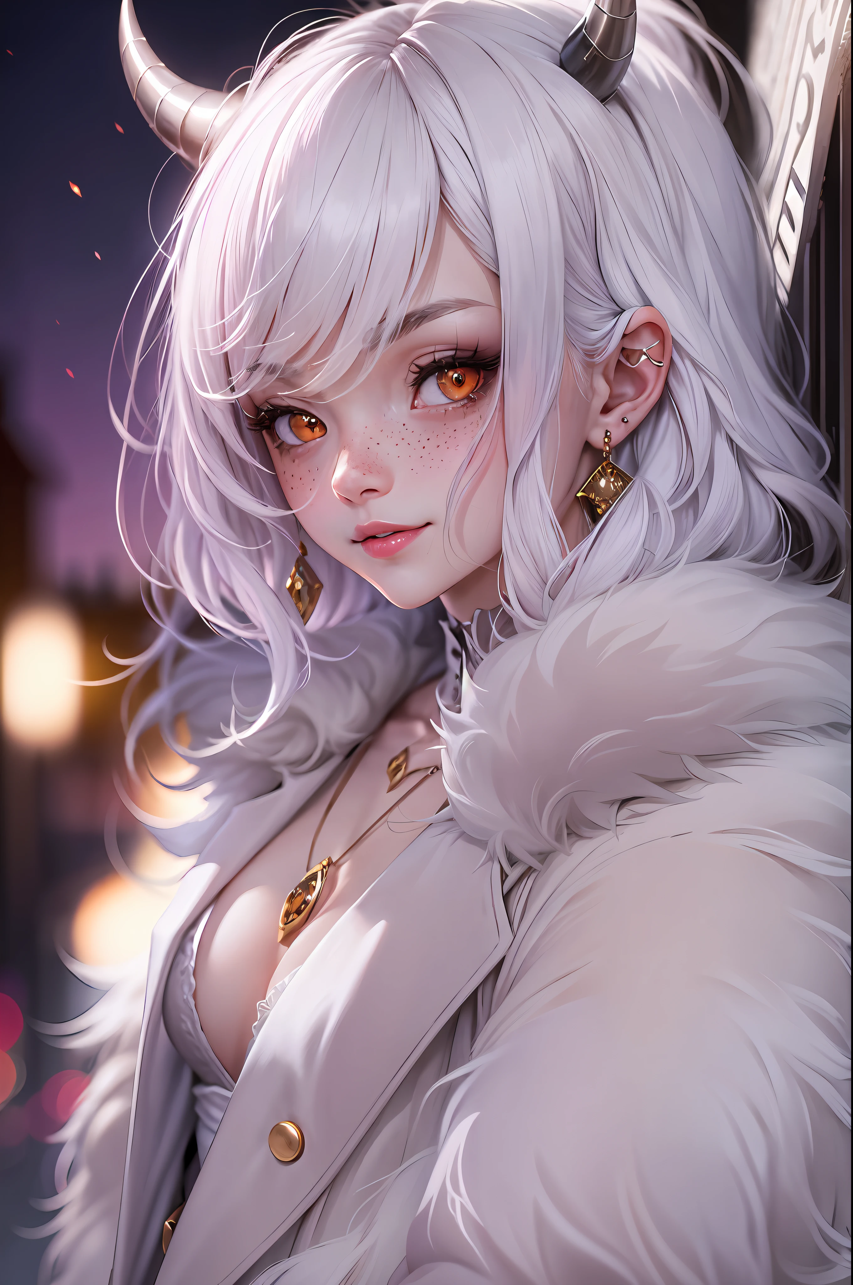(Masterpiece, Absurd, High Quality, Best Quality, Ultra Detail, Beautiful), Perfect Eyes, Perfect Face, Perfect Lighting, Textured Skin, Beautiful Detail Face, (Detailed Face: 1.4), Beautiful Detail Eyes, Ambient Light, Realistic Shadows, Beautiful Detail Pupils, Cute, 1 Girl, Solo, One Focus, Beelzebub, Short Hair, White Hair, Demon Girl, Demon Tail, Freckles, Red Eyes, White Horns, Purple Lipstick, Lips, Blush, White Fur Coat, (white fur-trimmed coat: 1.3), outdoor, street, (evening: 1.2), car in background, headlights, church in background, lighting, moon, looking at the audience, walking, smiling, from the side, full body, rich, expensive, jewelry