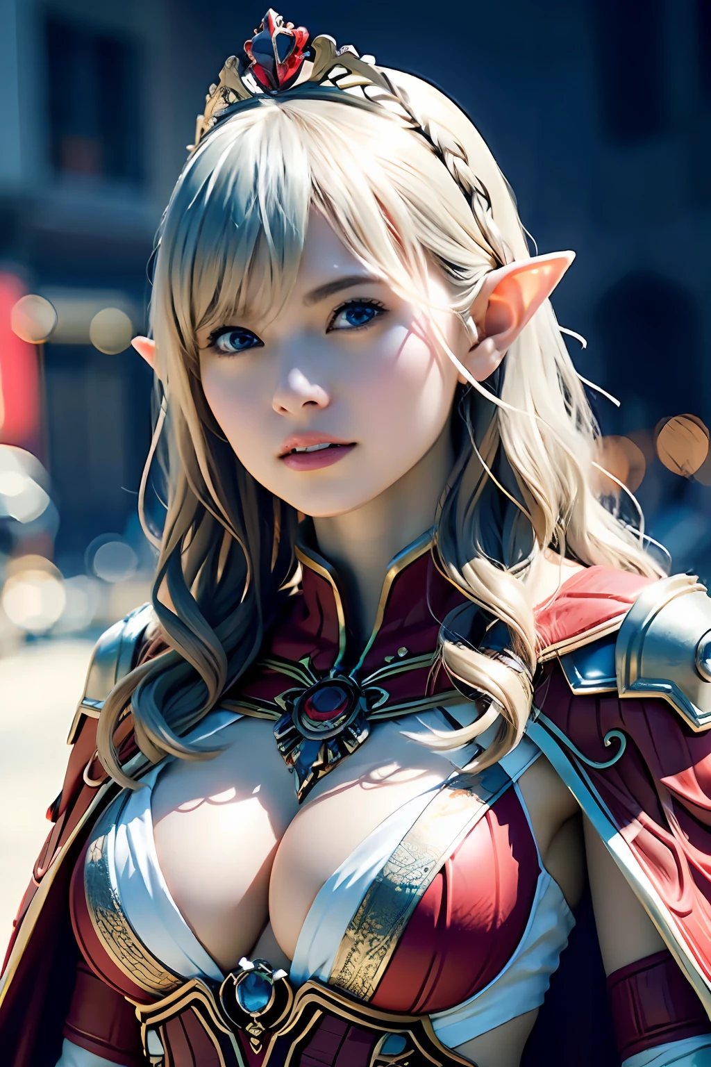 Ultra detailed complex 3D rendering of face, (huge breasts: 8.8), (masterpiece, top quality, octane rendering, 8K), glamour shot full body image, very beautiful young elf, cleavage, (very detailed skin: 1.2), (exposure: 1.1), beautiful Caucasian woman with white hair, full soft breasts and white skin with big buttocks, one, white micro bikini, long braided brown hair, big breasts, Dynamic angle, mystical expression,wearing intricate super armor of gold and silver, ultra-realistic photo ((((portrait))), wearing an intricate red cape, bare feet, futuristic city background, facial muscles, detailed and beautiful crown, beautiful weapons, in the style of Marvel Comics, ArtStation trends, clear focus, studio photography, intricate details, very detailed, detailed red eyes, illustration, very detailed, sharp focus, digital rendering, professional-abs