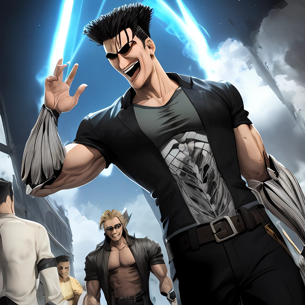 \(berserk\), 1boy --cabelo preto --sorrindo --dentes --boca fechada --olhando para o espectador --foco masculino --um olho fechado --cicatriz --cicatriz no rosto --cicatriz no nariz --cachecol --cabelo curto --solo --corpo inteiro --arma nas costas, :: (Toguro) --forte --musculoso --((((sozinho)))) --whole body --diabolical --laughing mischievously --(sem camisa) --((anatomicamente correto)), lua de sangue, noite vermelha, espada nas costas, Traditional media, anime, obra prima do anime, detalhes intrincados, perfect features, Dramatic, Cinematic lighting, Highlight lighting, SSAA, smooth rendering, no noise --testp --ar 2:3 --video --no lazy prompts