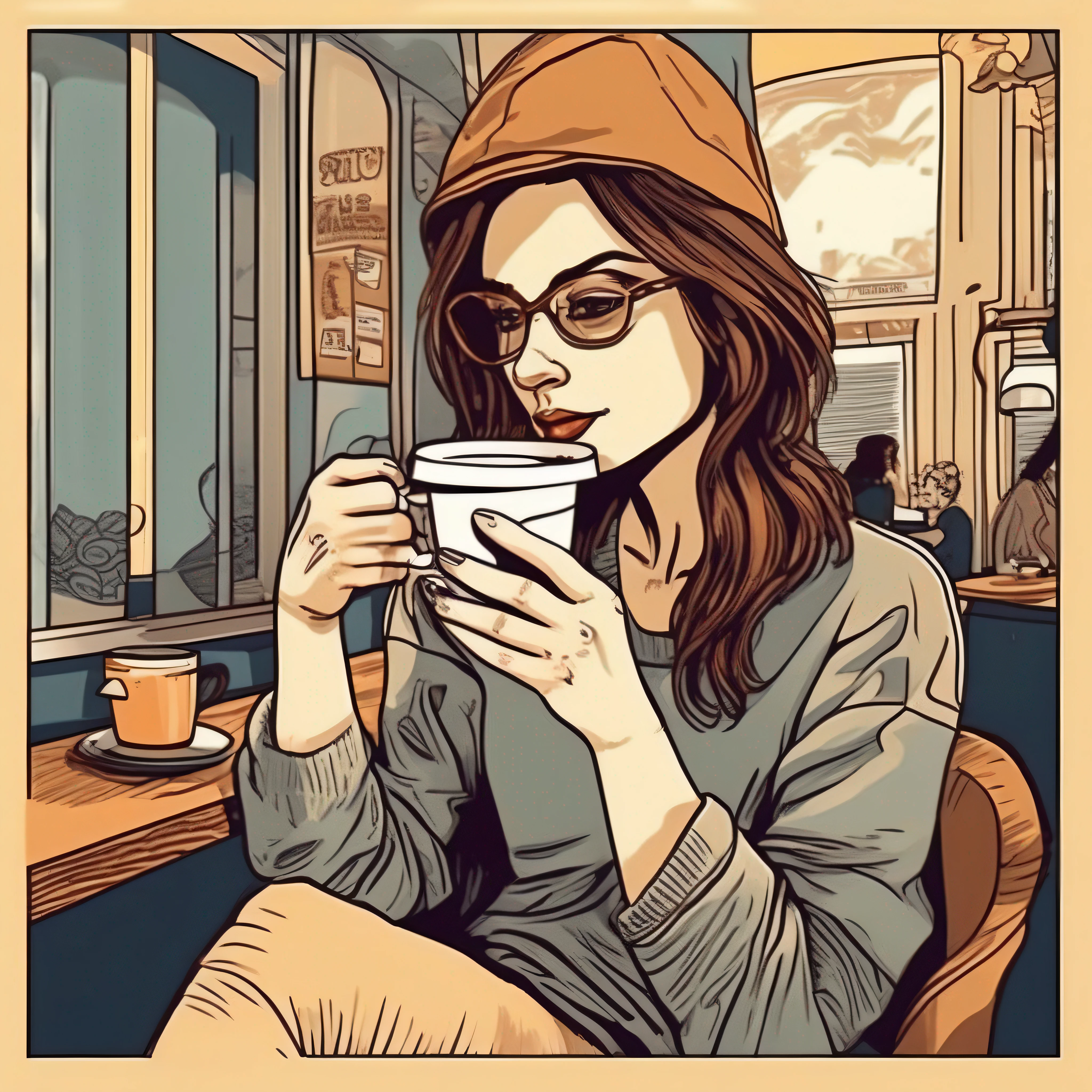 there is a woman that is holding a cup of coffee, woman drinking coffee, in style of digital illustration, comics style illustration, vector art, portrait of morning coffee, highly detailed illustration,  vector t-shirt design