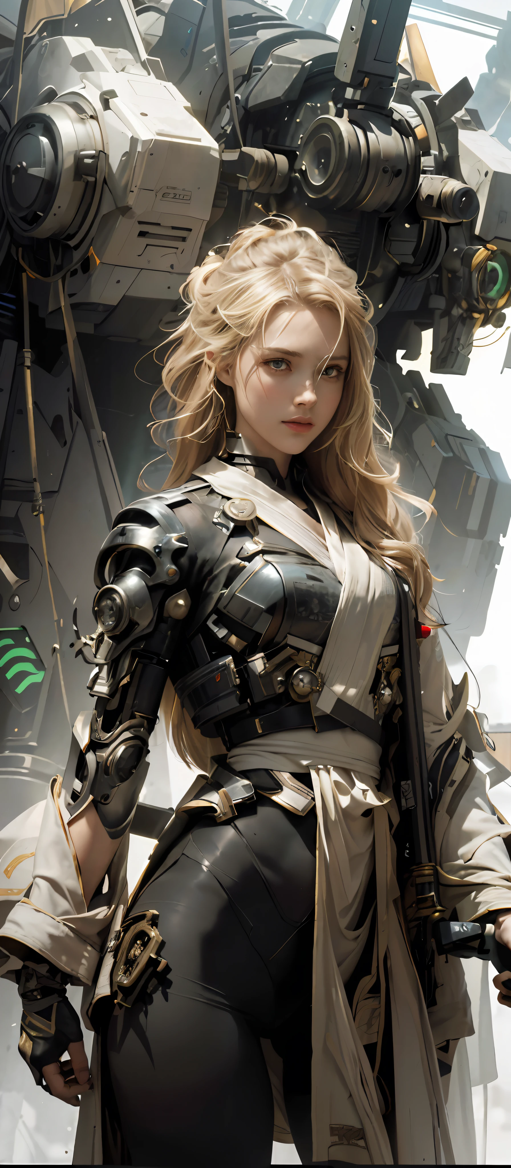 Masterpiece, Best Quality, Film, Official Art, Propaganda Art, Movie Wallpaper, Very Detailed CG Unified 4k Wallpaper, Intricate Details, White Background, Upper Body, Facial Focus, Concept Art, Production Art, ( , Highres, (realistic, photo-realistic:1.2), physically-based rendering, machinery, reflection, realistic, cyberpunk, symmetric front view close up head shot eyes symmetry face very sharp focus realistic award winning matte drawing movie light 1 boy, mecha, (Illustration: 1.1), slim, fair skin, delicate face, king robe, shine, tights, (long blonde hair), green eyes, battlefield, chip, shine, sword