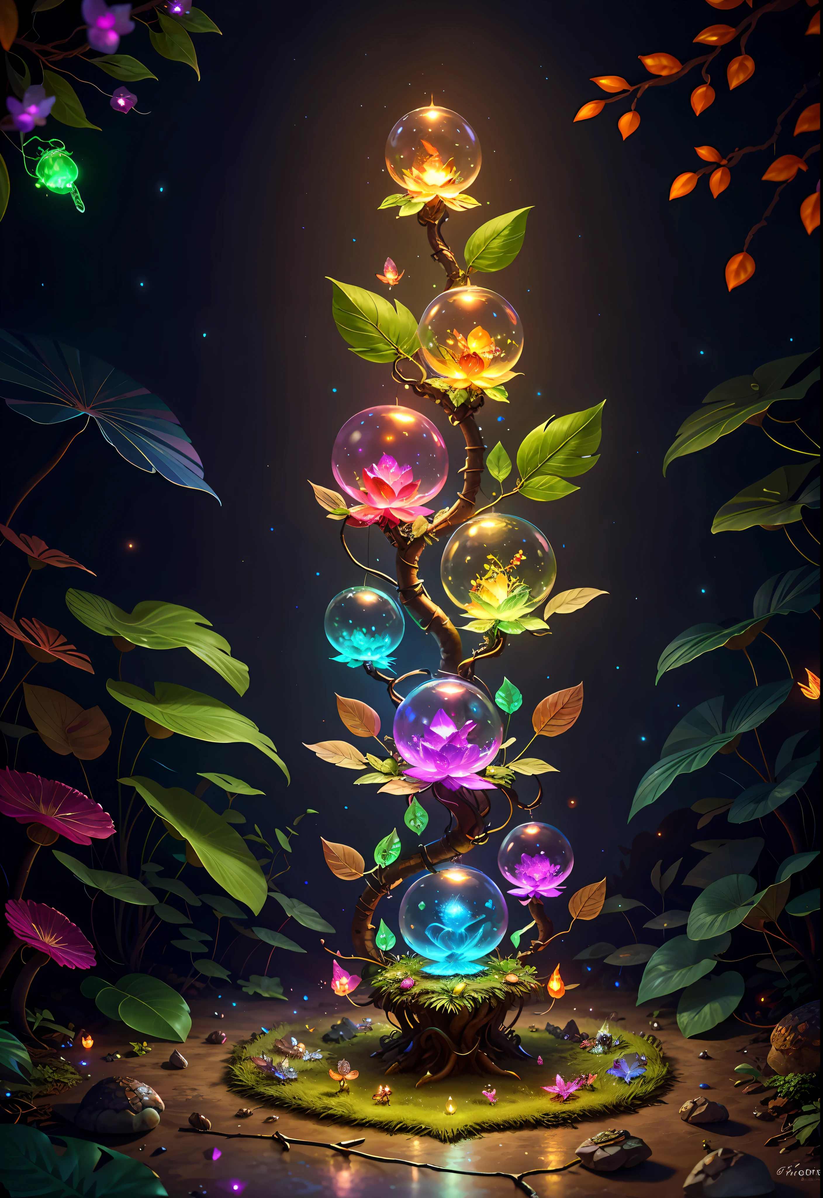 Fantasy in crystals, "ethereal roses, cute slime animals, glowing little mushrooms surrounded by delicate leaves and branches, and fireflies and glowing particle effects", (natural elements), (jungle theme), (leaves), (branches), (fireflies), butterflies, (delicate leaves), (glow), (particle effects), super realistic, super detailed, dramatic lightning, 4k, masterpiece,