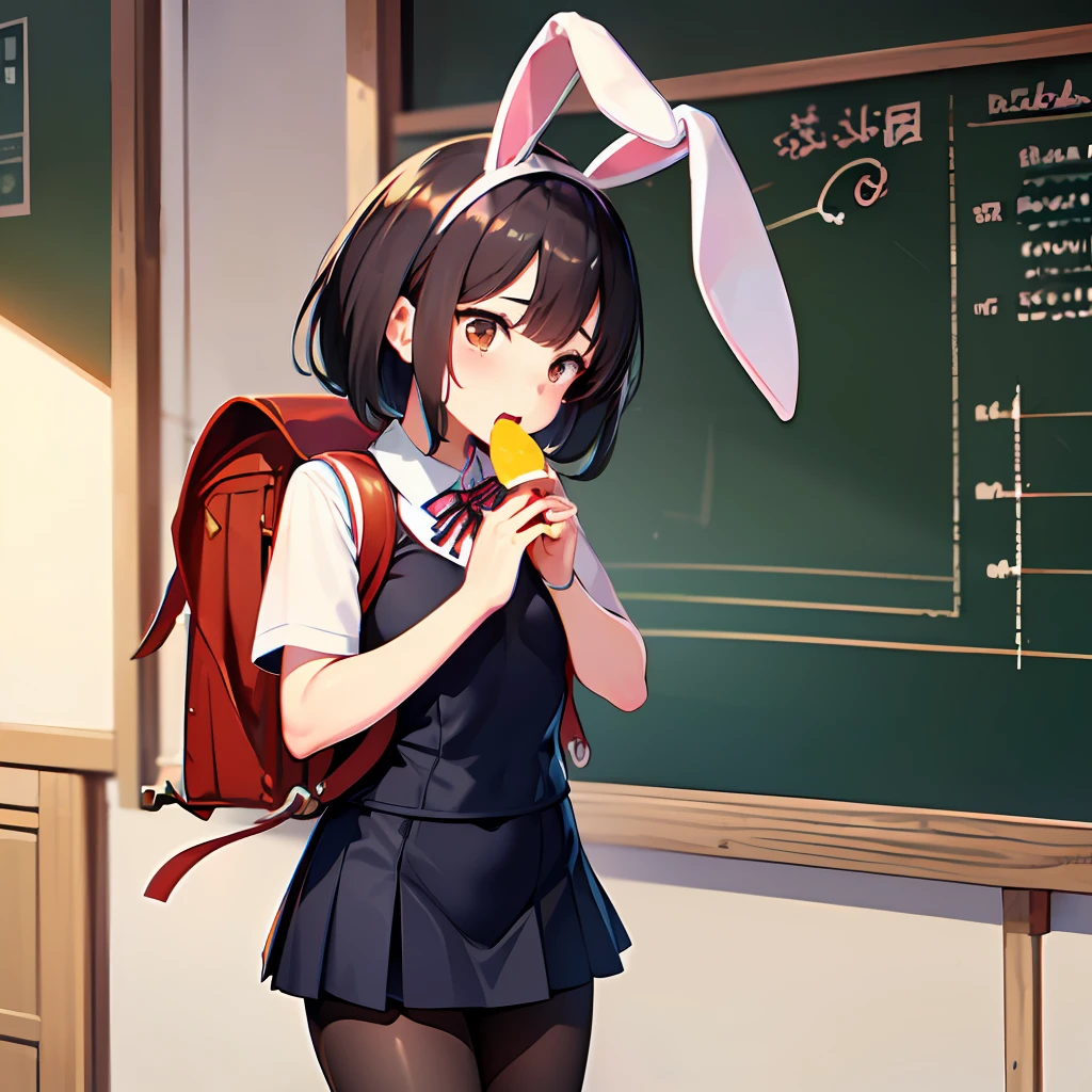 (High Definition CG unity 8K Wallpaper), (The finest Guo(masutepiece, of the highest quality, Kyoto Animation Style Illustration, of the highest quality, Official art, aesthetics, Beautiful details, :1. 2), Break HA, BREAK,girl, Cute, Cheerful, face, A dark-haired,a short bob,tareme, gleaming skin, Hugging a stuffed rabbit,embarrassed from, Black pantyhose,Carry a red rucksack,
Playboy Bunny, shiny school swimsuit, High socks with pink and yellow stripes,Pink Bunny Years Hair Band, Walking while eating carrots, Open legs wide ,Awaken,looks sleepy
(school background, Schoolgirl paying attention to girl,chalk board:1.2),
Ridiculous resolution, Ultra-detailed, Best Quality