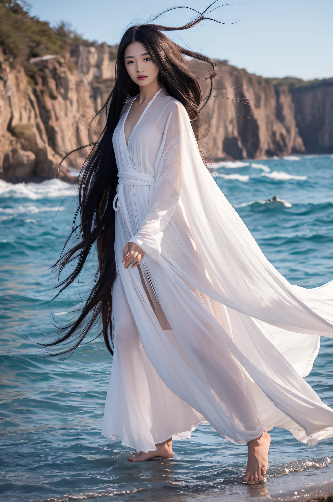 Arafe woman with long hair standing on beach near sea, flowing hair and long robes, Asian girl with long hair, long hair flowing, windy long hair, With long hair, A flowing dress, beautiful Korean women, a girl with long hair, Flowing hair, appealing long hair, wind blowing and hair flowing