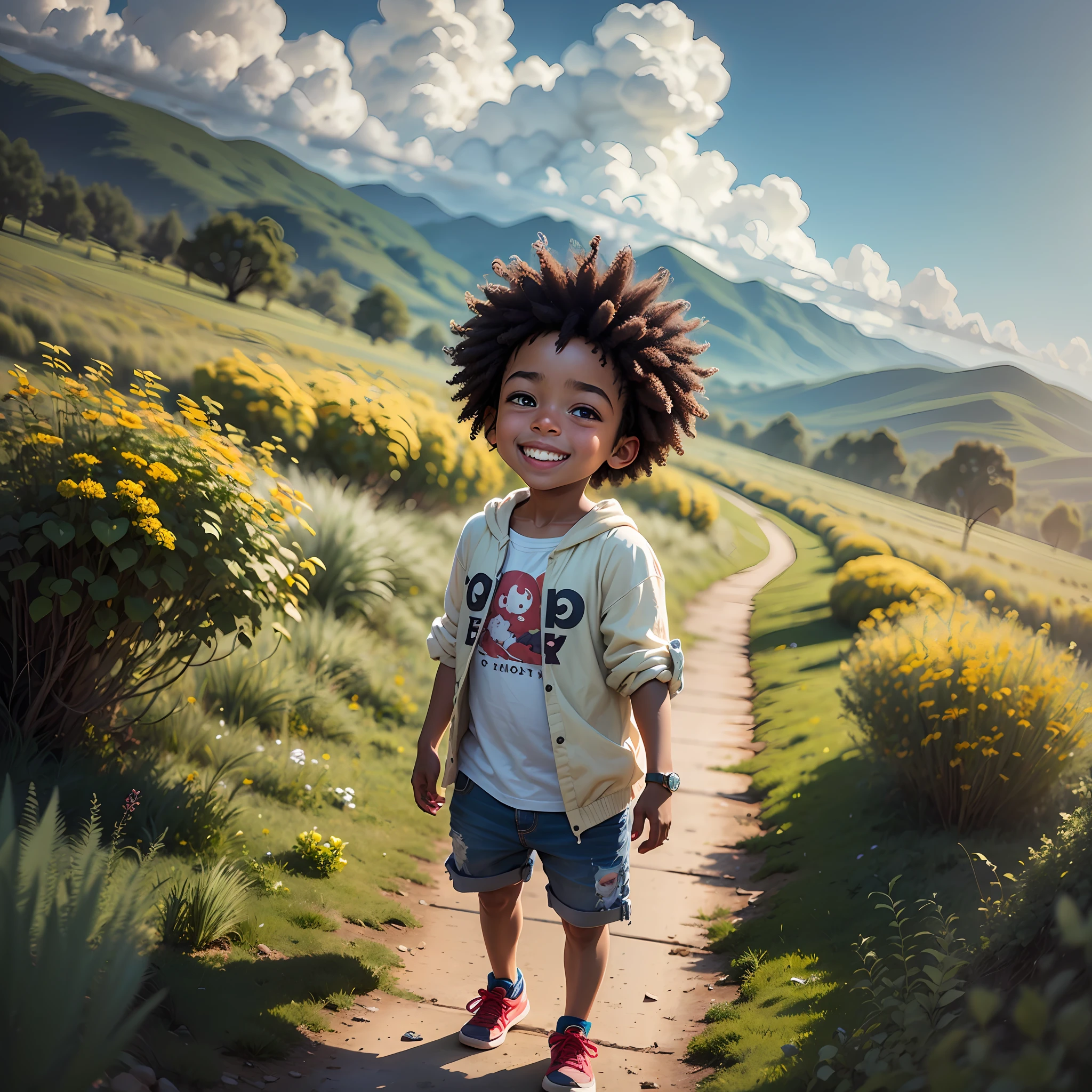 Personagem de desenho infantil  em um campo aberto , Looking at your little bird friend in the sky ,  negro, (afetos faciais detalhados)(((baby))), arte do filme, tiro limpo, ghailan!, como um personagem pixar, jovem bonito, afro, grace and blessing, (((sorriso bonito))), renderizado em irreal, imagem promocional do filme, imagem renderizada --auto --s2