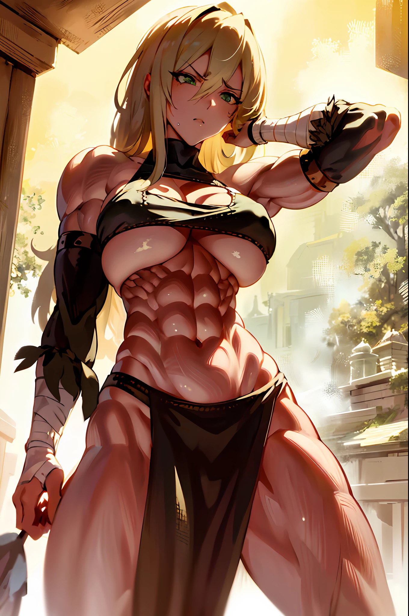 A2 nier, long yellow blonde hair, muscular, messy hair, big boobs, green eyes, standing up, sarashi white chest, sarashi, underboob, breasts bandages, arm bandages
(insanely detailed, beautiful detailed face, masterpiece, best quality) volumetric lighting, tone mapping, (looking disgusted), konosuba