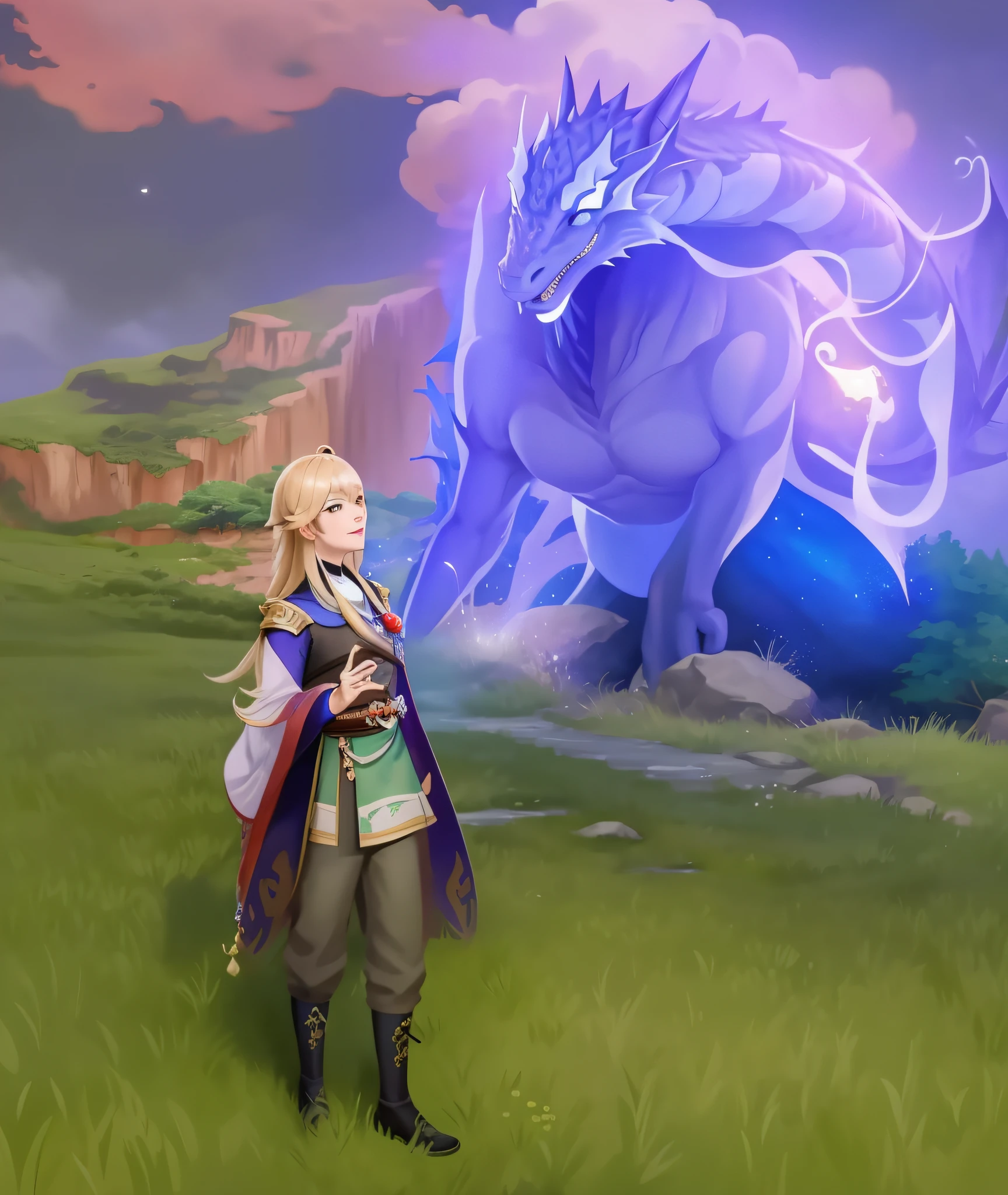 Close-up of a person, standing in the field of, Breaking spells, Video game Genshin Impact, Character Genshin Impact, Ayaka game Genshin Impact, Genshin Impact, colossal dragon in background, elemental guardian of life, Genshin Impact Style, genshin, Video game in the genre of role-playing game, A giant ethereal creature, human and dragon fusion
