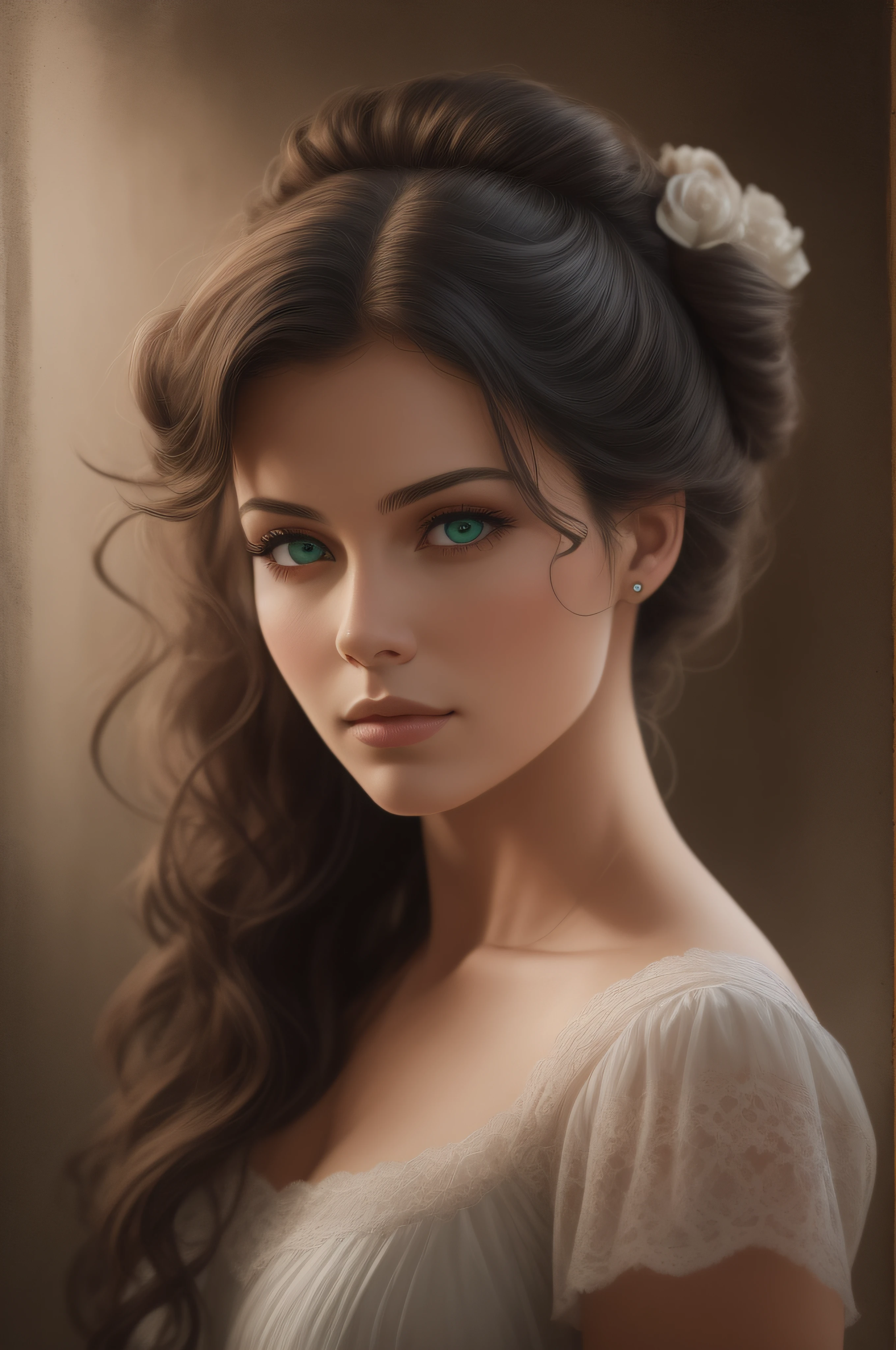 Masterpiece, best quality, RAW, analog style, a stunning portrait of a couple deeply in love in the fields of a grand English countryside property in the year 1850. The man is tall, strong, tanned, and handsome with brown wavy messy hair, brown eyes, and is around 30 years old. The woman is delicate with black straight hair styled in a bun, dark green eyes, and full lips, around 19 years old, scarlett ohara perfectly detailed facial traits. Create a masterpiece realistic illustration with intricate details capturing their love and emotions. Use clothes appropriate for the time period, and ensure the artwork is highly detailed. Please pay close attention to the details, such as the highlights and shadows on face and hair, to create a lifelike and realistic image. Experiment with different lighting techniques to enhance the mood and atmosphere of the portrait. The final product should be a masterpiece that captures the essence and beauty of the couple, ((highly detailed skin, skin details)), sharp focus, volumetric fog, 8k UHD, DSLR, high quality, film grain, Fujifilm XT3