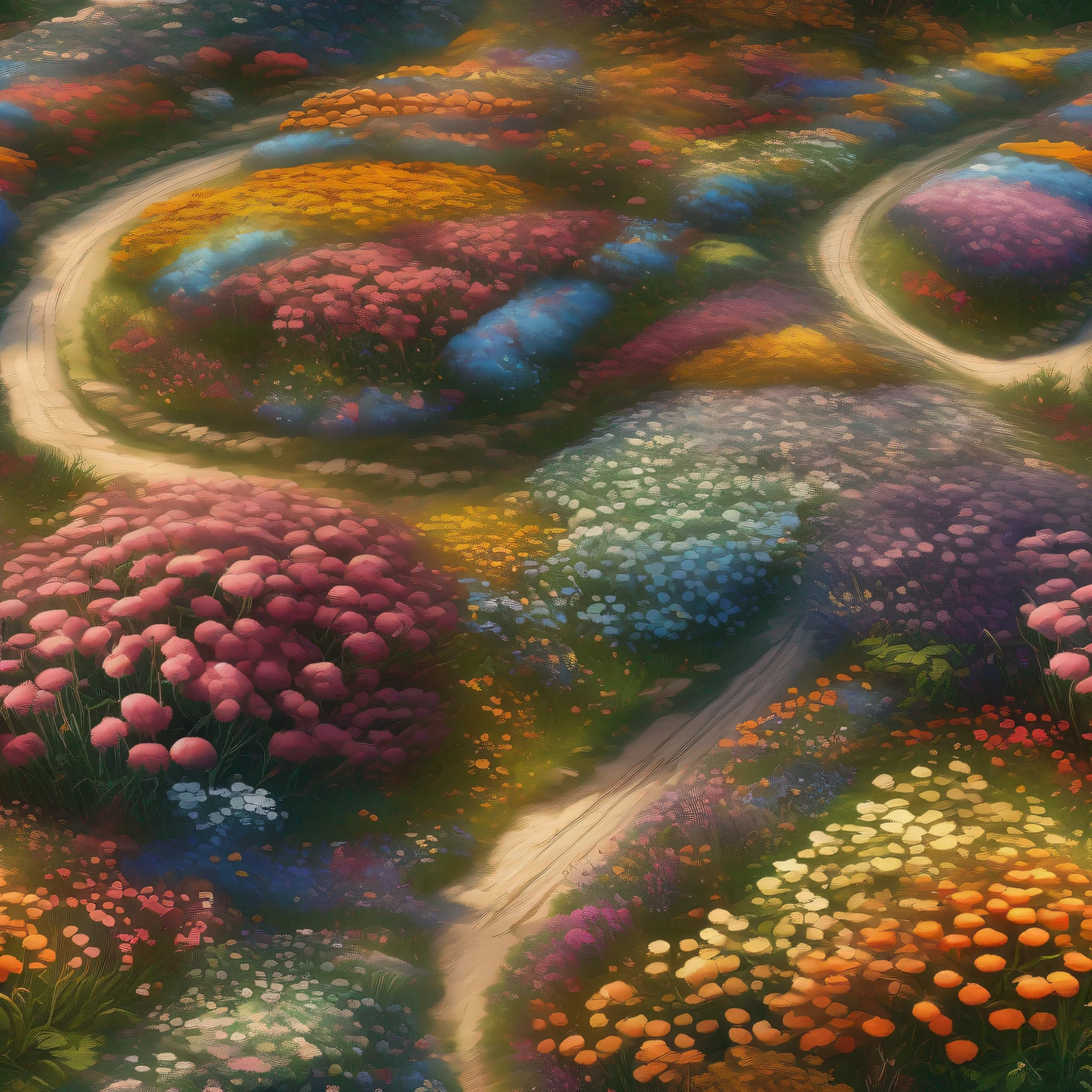 Top view，flower  field， Flower Road，Both sides are full of flowers，The picture is of high quality，Art Ultra HD 4 K, Detailed scenery —width 672, author：Franz Hergi, scenery art detailed, 8K high quality detailed art, 4k highly detailed digital art, A high resolution, 4 k matte thomas kinkade