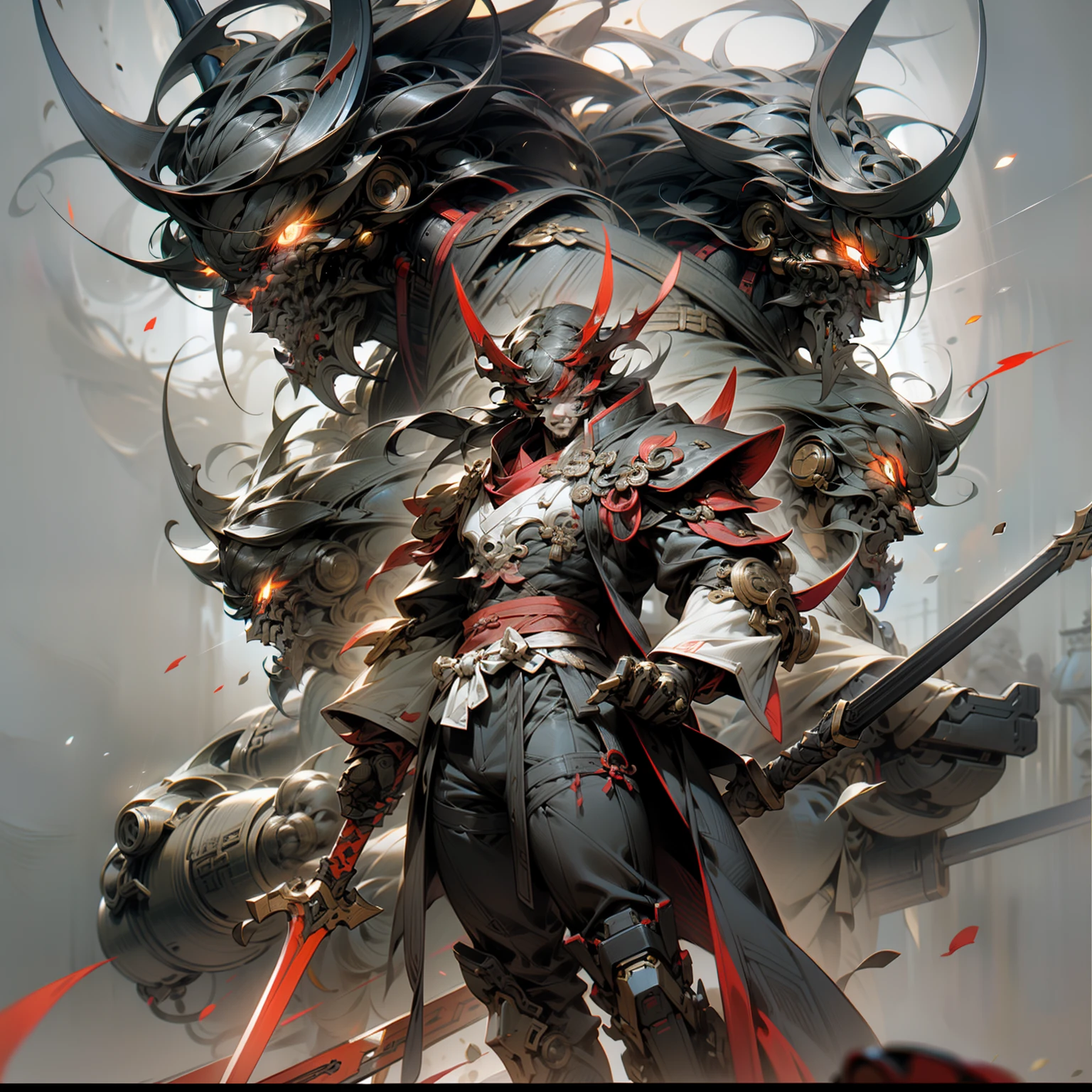 (Background of the Three Kingdoms Theme,Lü Bu,Male characters, halberd, Black Robot, Futuristic style),Mainly red elements,Emphasize good muscle lines,Thoughtful perspective,Decisive gestures and expressions。Apply more shadows and lighting effects to highlight the three-dimensional sense of the character,A way to add a futuristic expression。