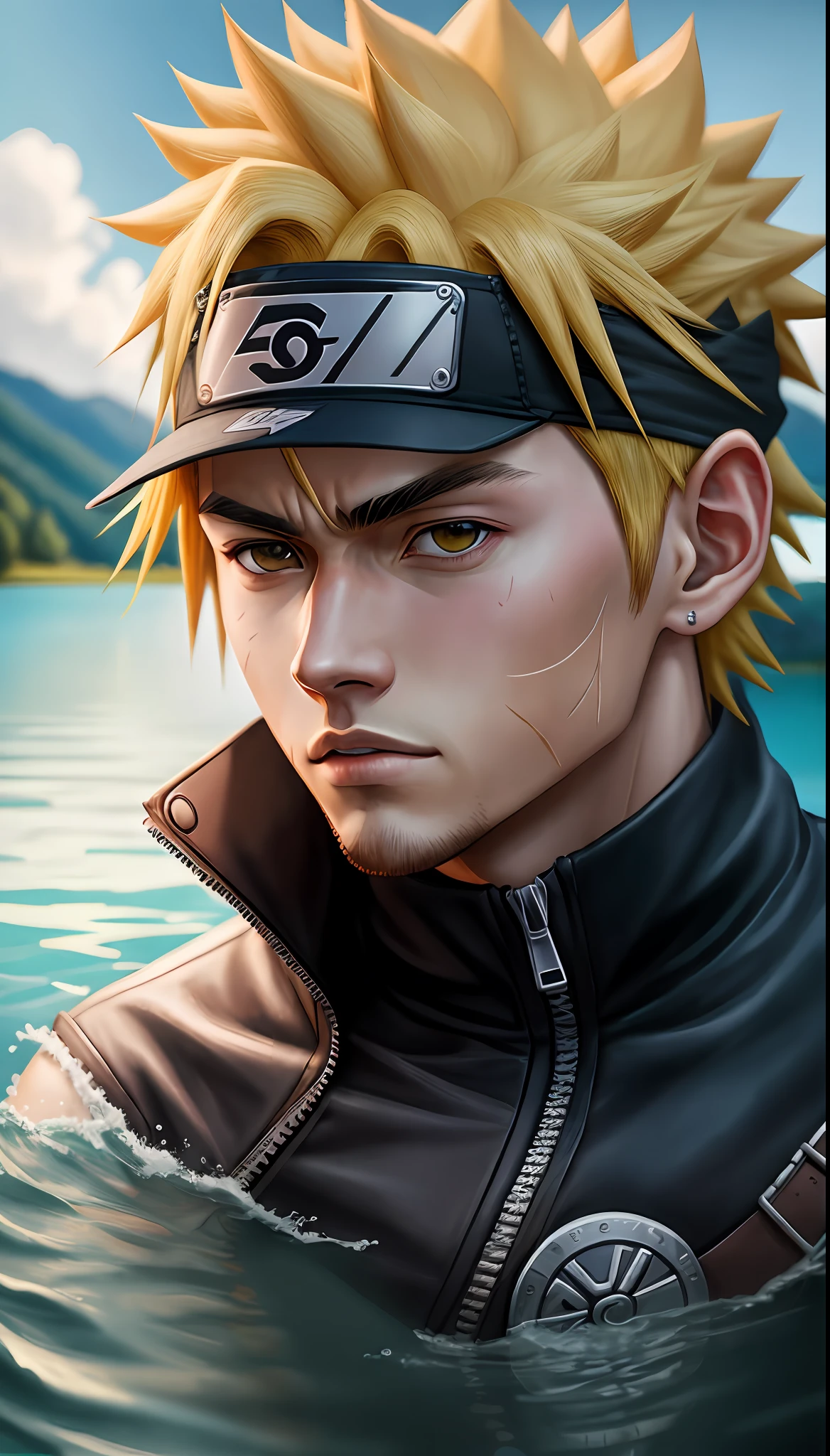 Naruto Uzumaki, (in a lake), masterpiece, best quality, ultra quality, absurd details, best light, best shadow, sharp, sharp picture, detailed face, detailed eyes, detailed hair, detailed, extremely detailed, great resolution, 8k, 4k, uhd, ray tracing, beautiful effects