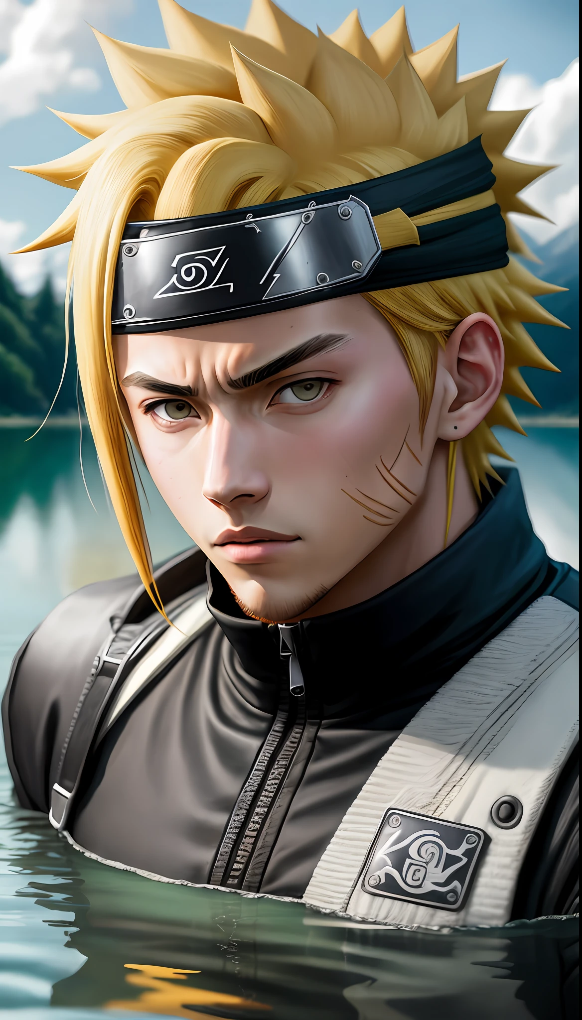 Naruto Uzumaki, (in a lake), masterpiece, best quality, ultra quality, absurd details, best light, best shadow, sharp, sharp picture, detailed face, detailed eyes, detailed hair, detailed, extremely detailed, great resolution, 8k, 4k, uhd, ray tracing, beautiful effects