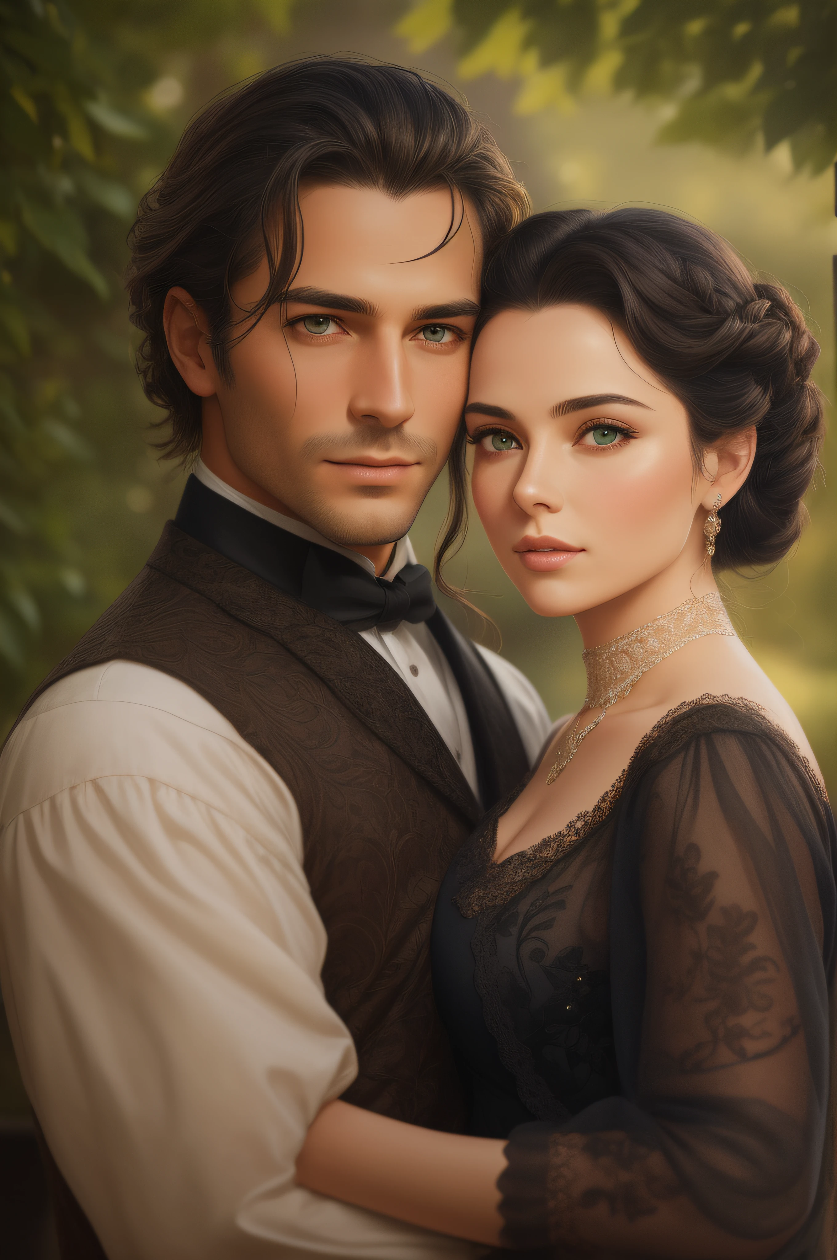 Masterpiece, best quality, RAW, analog style, A stunning portrait of a couple deeply in love in the gardens of a grand English countryside mansion in a bright day, with bright sun, the sunlight reaching their hair and skin, in the year 1850. The man is tall, strong, and tanned handsome with brown wavy messy hair, brown eyes, and is around 30 years old. The woman is delicate with black straight hair styled in a bun, dark green eyes, and full lips, around 19 years old, scarlett ohara perfectly detailed facial traits. Create a masterpiece realistic illustration with intricate details capturing their love and emotions, he smiles tenderly to her. Use clothes appropriate for the time period, and ensure the artwork is highly detailed. Please pay close attention to the details, such as the highlights and shadows on face and hair, to create a lifelike and realistic image. Experiment with different lighting techniques to enhance the mood and atmosphere of the portrait. The final product should be a masterpiece that captures the essence and beauty of the couple, ((highly detailed skin, skin details)), sharp focus, volumetric fog, 8k UHD, DSLR, high quality, film grain, Fujifilm XT3