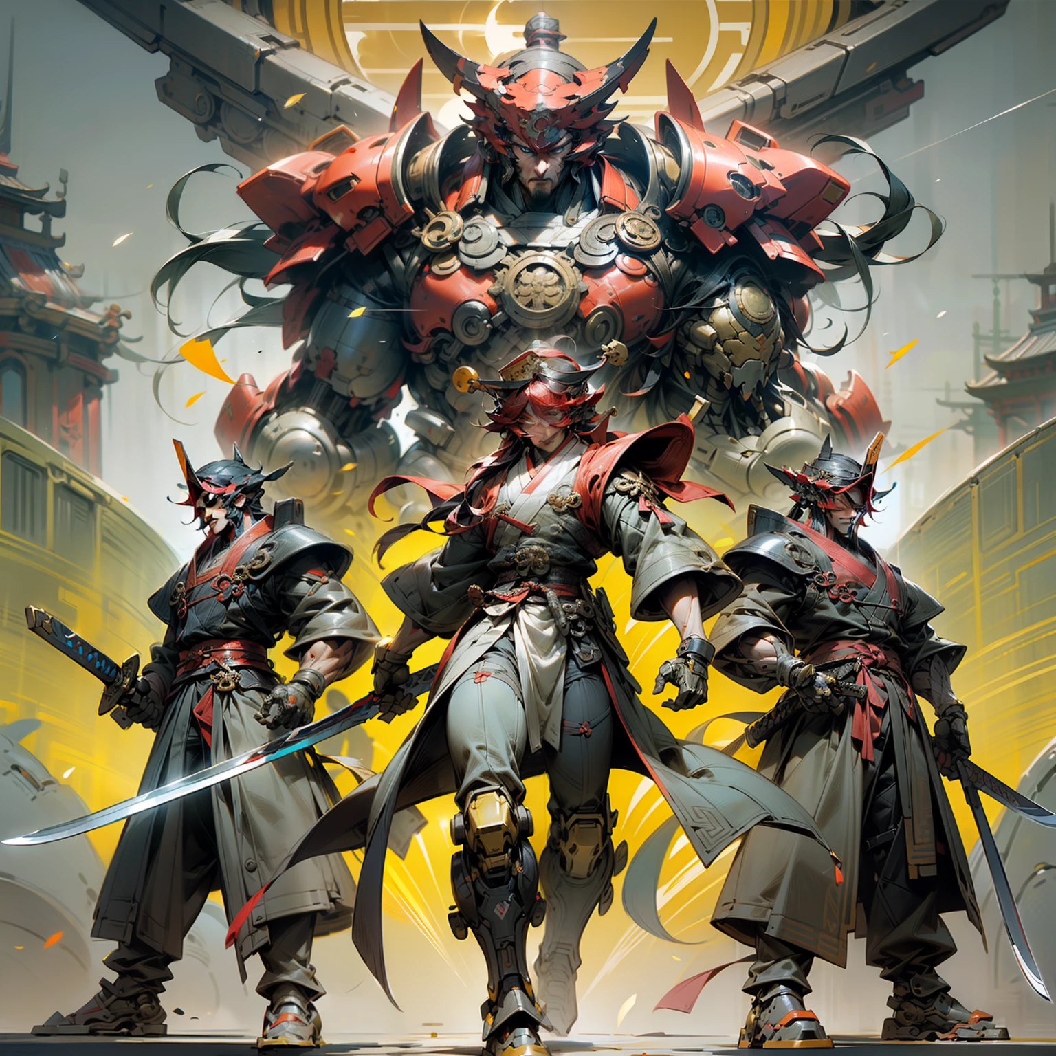 (Background of the Three Kingdoms Theme,Sun Jian,Male characters, sword, Yellow Robot, Futuristic style)，Mainly red elements，Emphasize good muscle lines，Thoughtful perspective，Decisive gestures and expressions。Apply more shadows and lighting effects to highlight the three-dimensional sense of the character，A way to add a futuristic expression。