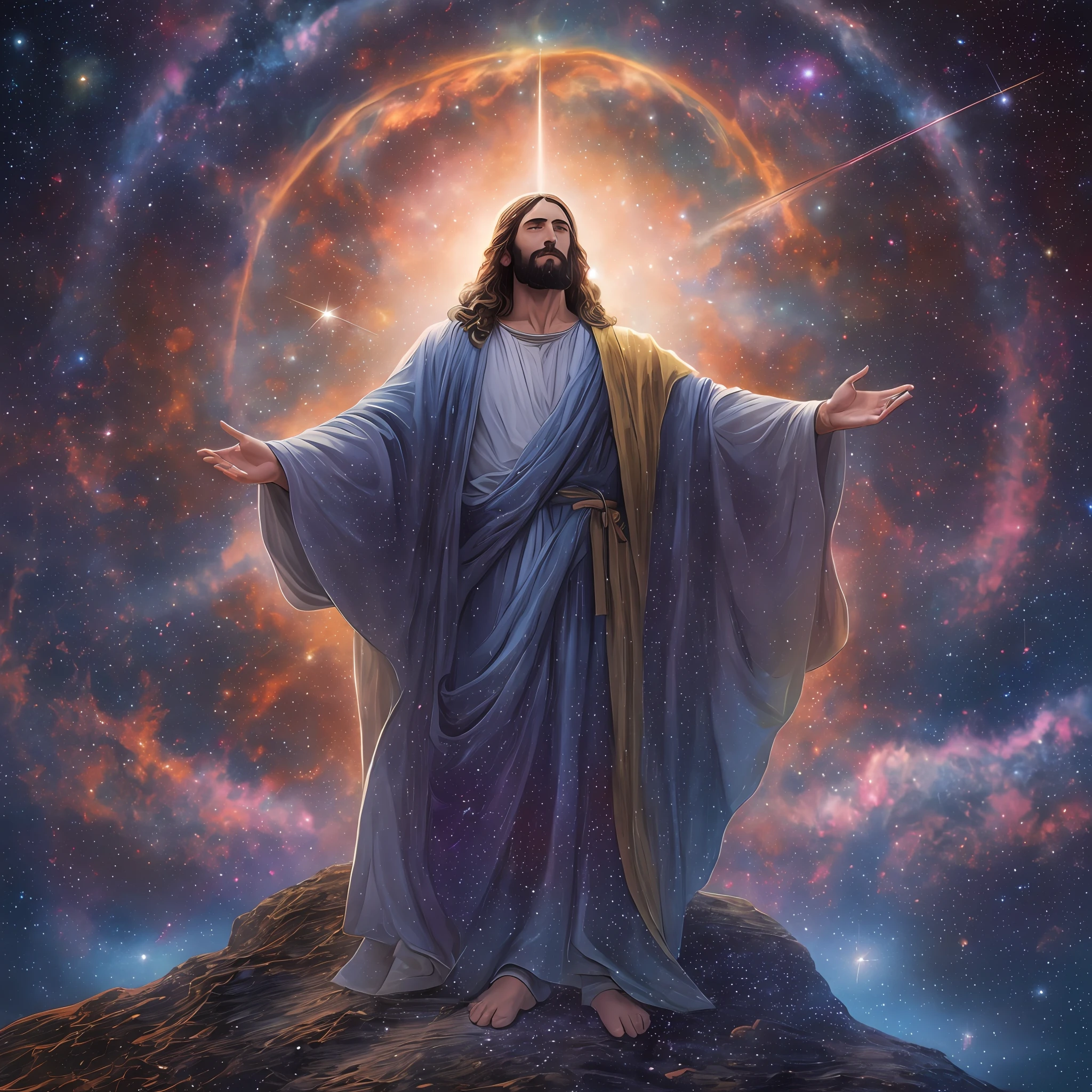 Jesus Christ the center of the universe, He stands tall and resolute, gazing upon the galaxy with outstretched arms. The stars and planets revolve around him, orbiting in perfect harmony. His robes flow in the cosmic wind, as if he is the embodiment of the universe itself. The scene is set in deep space, with nebulas and galaxies in the background. The atmosphere is serene and peaceful, as if all of creation is at peace in his presence. Artwork, a digital illustration with intricate details and vibrant colors. 16k ultra-detailed --ar 3:2 --v 4 --q 2
