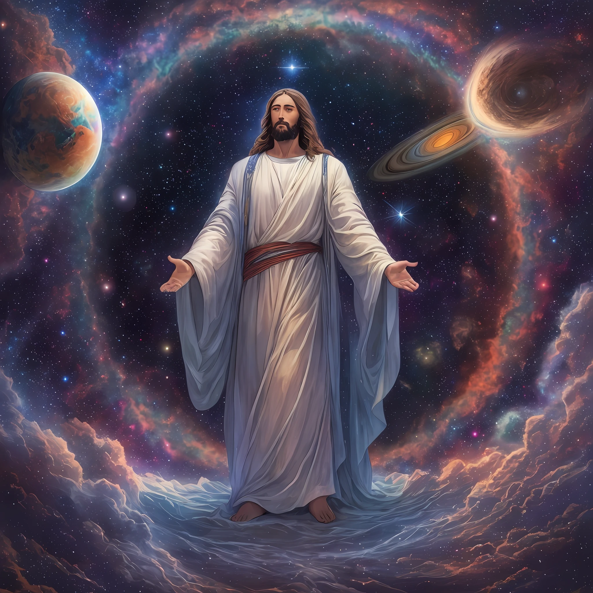 Jesus Christ the center of the universe, He stands tall and resolute, gazing upon the galaxy with outstretched arms. The stars and planets revolve around him, orbiting in perfect harmony. His robes flow in the cosmic wind, as if he is the embodiment of the universe itself. The scene is set in deep space, with nebulas and galaxies in the background. The atmosphere is serene and peaceful, as if all of creation is at peace in his presence. Artwork, a digital illustration with intricate details and vibrant colors. 16k ultra-detailed --ar 3:2 --v 4 --q 2