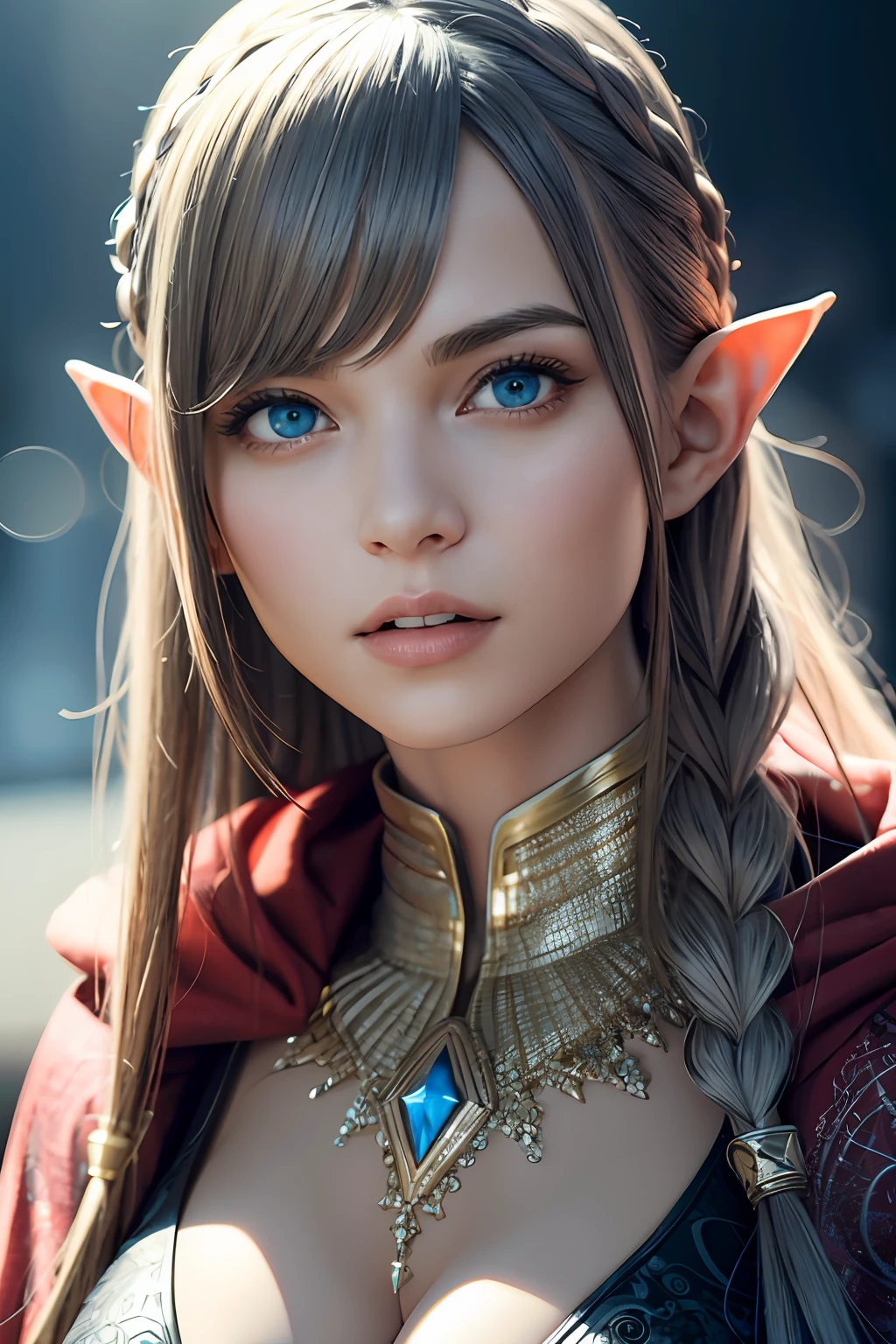 Ultra-detailed complex 3D rendering of the face, (Colossal: 7.8), (Skindent: 3.5), (Masterpiece, Top Quality, Octane Rendering, 8K), Glamour Shot Full Body Image, Very Beautiful Young Elf, cleavage, swimsuit, Single, Micro bikini, Long Braided Blonde Hair, (Gray Hair), Big Breasts, Wearing Gold and Red Intricate Super Armor, Ultra-realistic photos ((( Portrait))), wearing an intricate pink cloak, bare feet, futuristic city background, facial muscles, in the style of Marvel Comics, ArtStation Trends, Clear Focus, Studio Photography, Intricate Details, Very Detailed, Detailed Blue Eyes, Illustration, Very Detailed, Sharp Focus, Digital Rendering, Professional, Abs