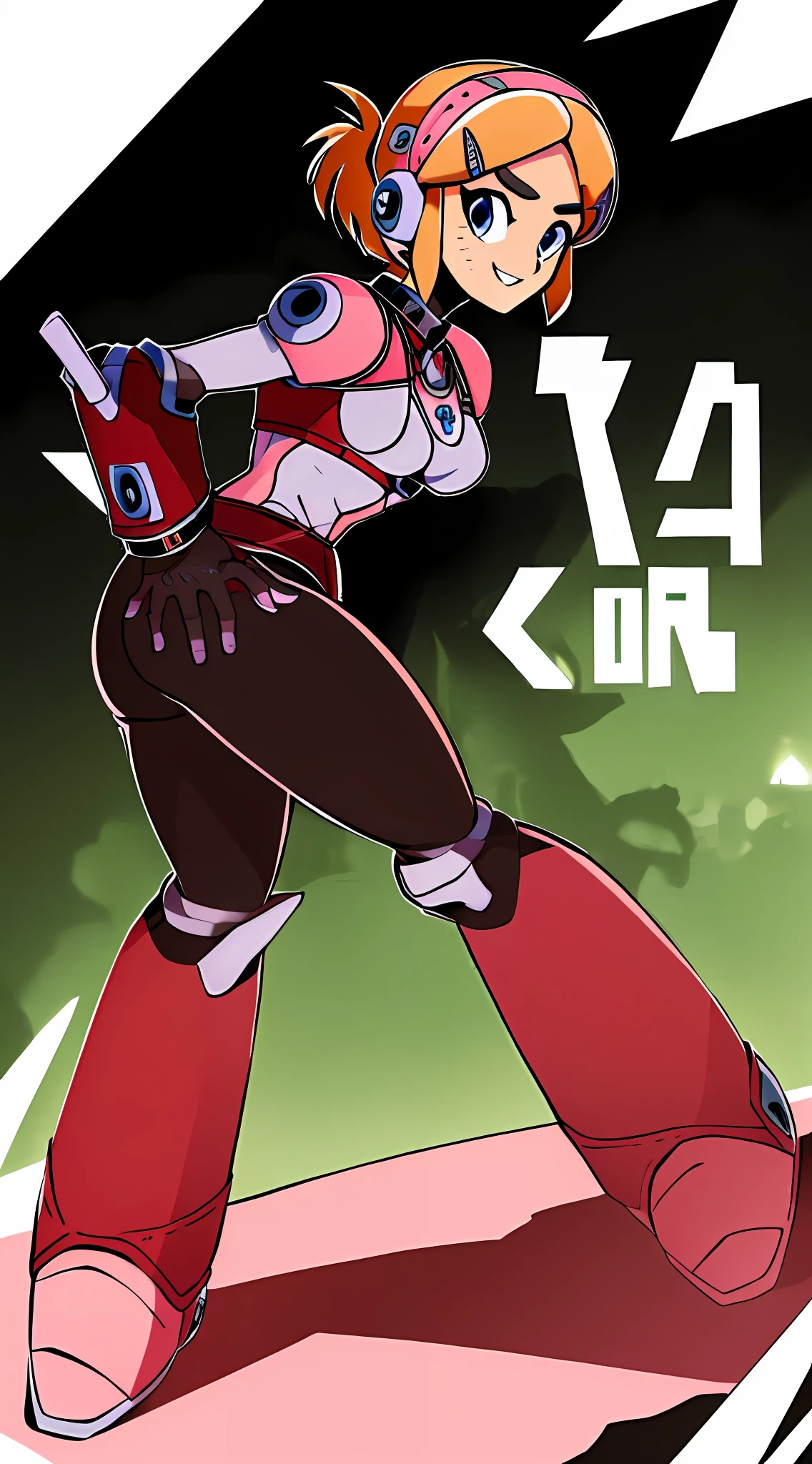 1Girl, Heavy white and red thick armor, two-tone gloves, white-red skirt, heavy black cybernetic boots, heavy cybernetic white-pink arms with black wristbands, heavy cybernetic white-red torso with jacket, black waist belt, megamanX white and red heavy body armor, long black pony tail, pink and red trim aviator goggles on forehead, heavy thick black hair, metallic pink skirt, large tall jacket, white armor with red trim, wearing biker/aviator jacket, wearing thick/wide black wristbands, punk pose, two-tone white and pink gloves, long black/brown ponytail, tall jacket, black skin-tight pants, hands on hips, wearing red white baseball cap, looking eye-level at viewer
