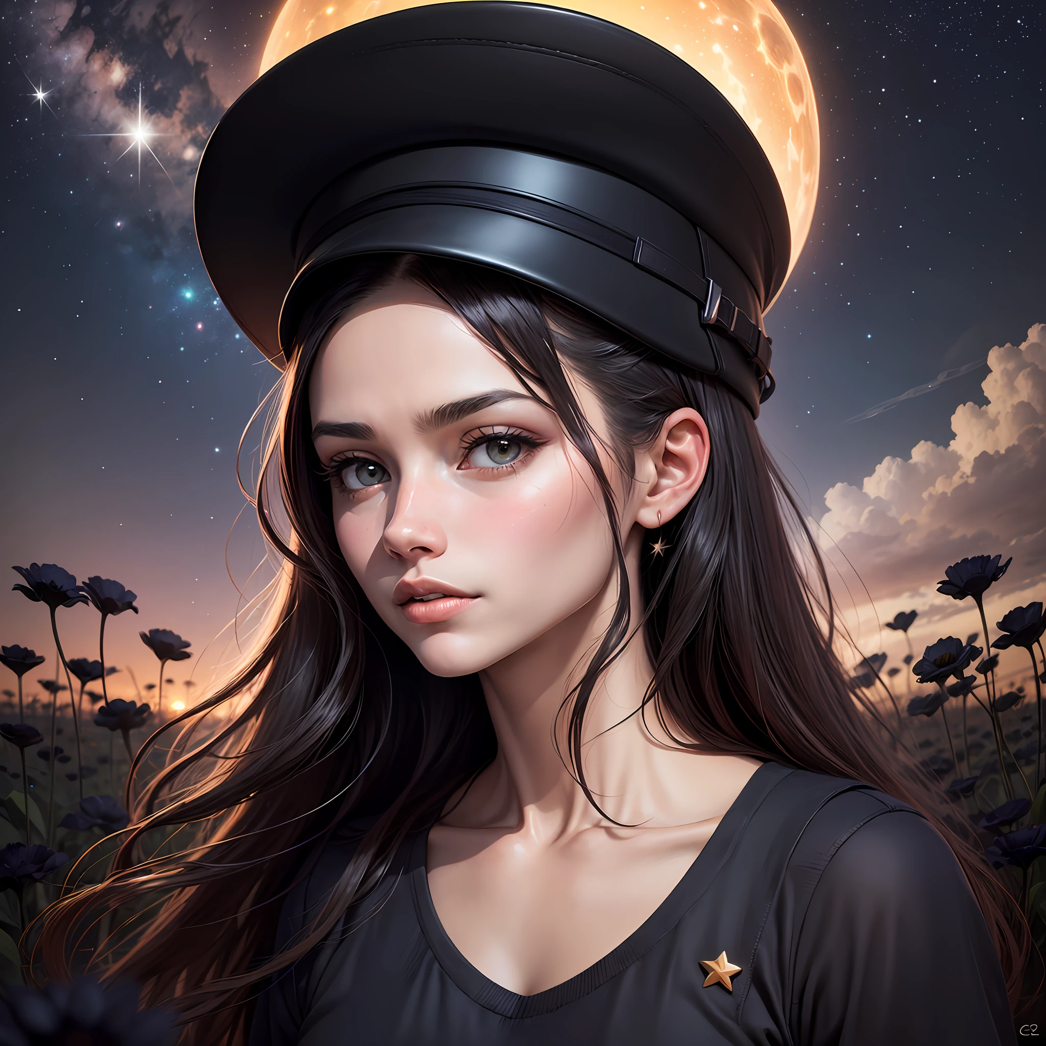 meio retrato, melhor qualidade, obra-prima, ultra alta res, (foto realista: 2.5), surrealismo, oniric,
1 homem de barba preta, wearing a black straight-brimmed cap of the, olhos pretos, starly sky, noite, estrelas, galaxy, field of black flowers, uma luz branca luminosa vinda do ceu --auto