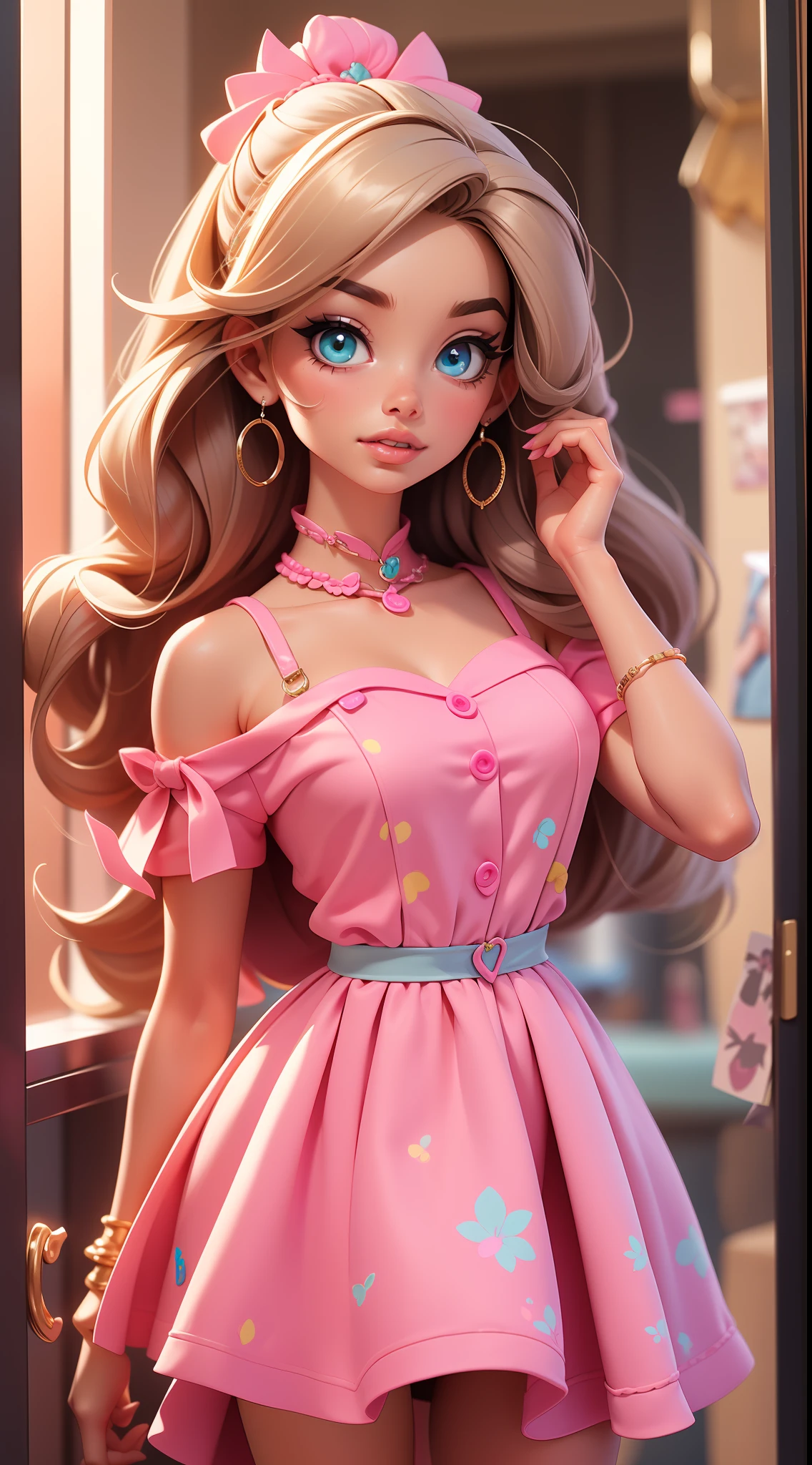 Menina loira fofa, Estilo barbie. vestido rosa, cenario de doces, cabelo comprido