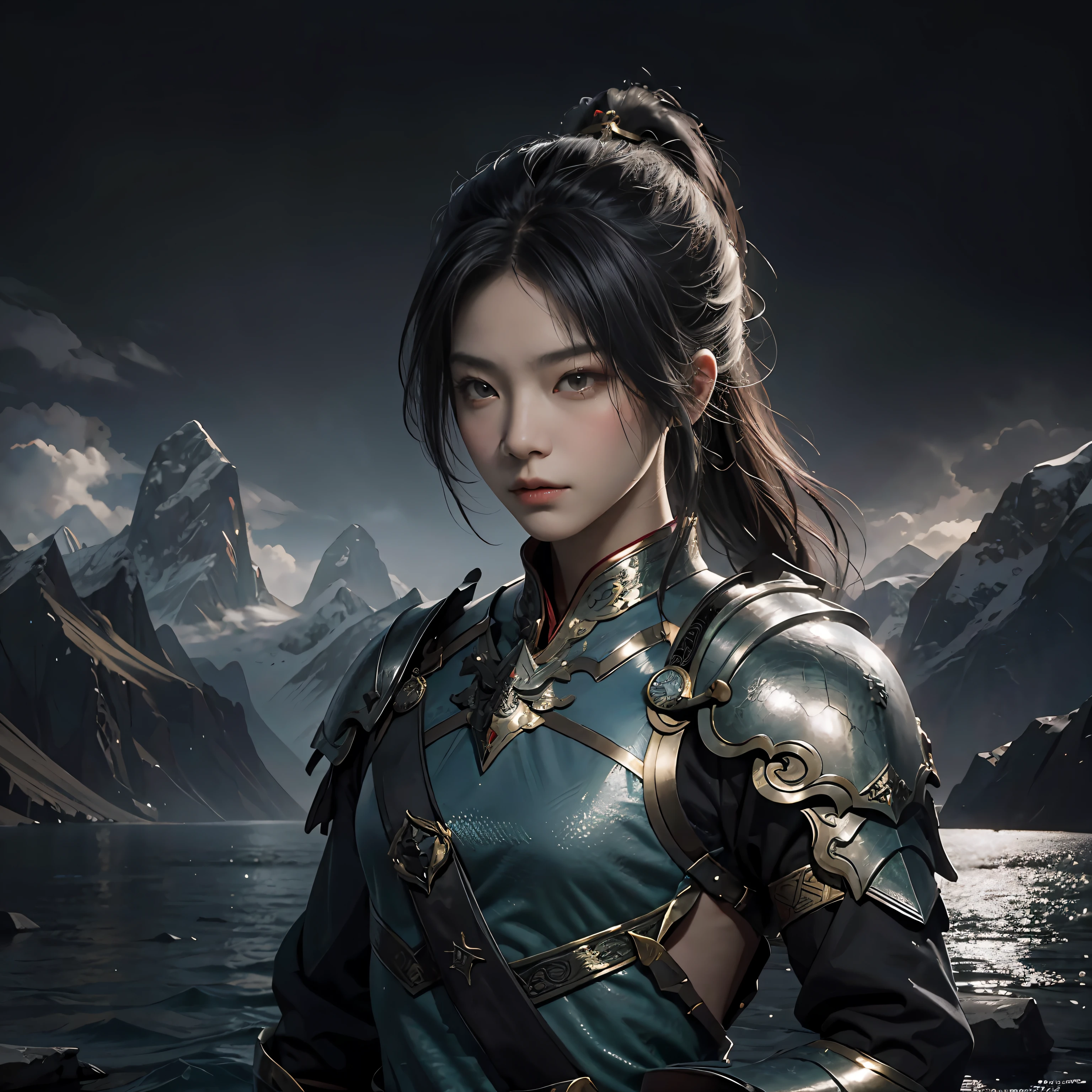 China-style,male people,Dragon scale armor,photorealestic ,masks,Cold weapons,Ancient wars,Sword Fairy,knight-errant,Rivers and lakes ,High mountains and flowing water