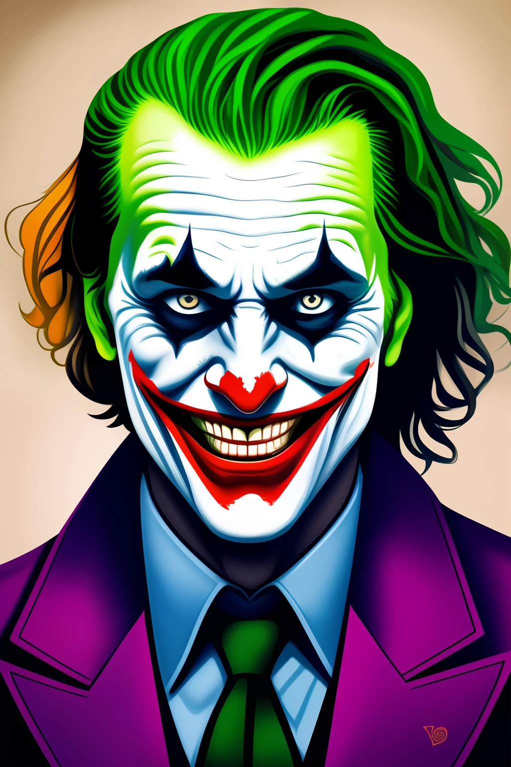joker in the style of 0mib, illustrator, masterpiece, high quality, 8k, high resolution, high detailed, smile