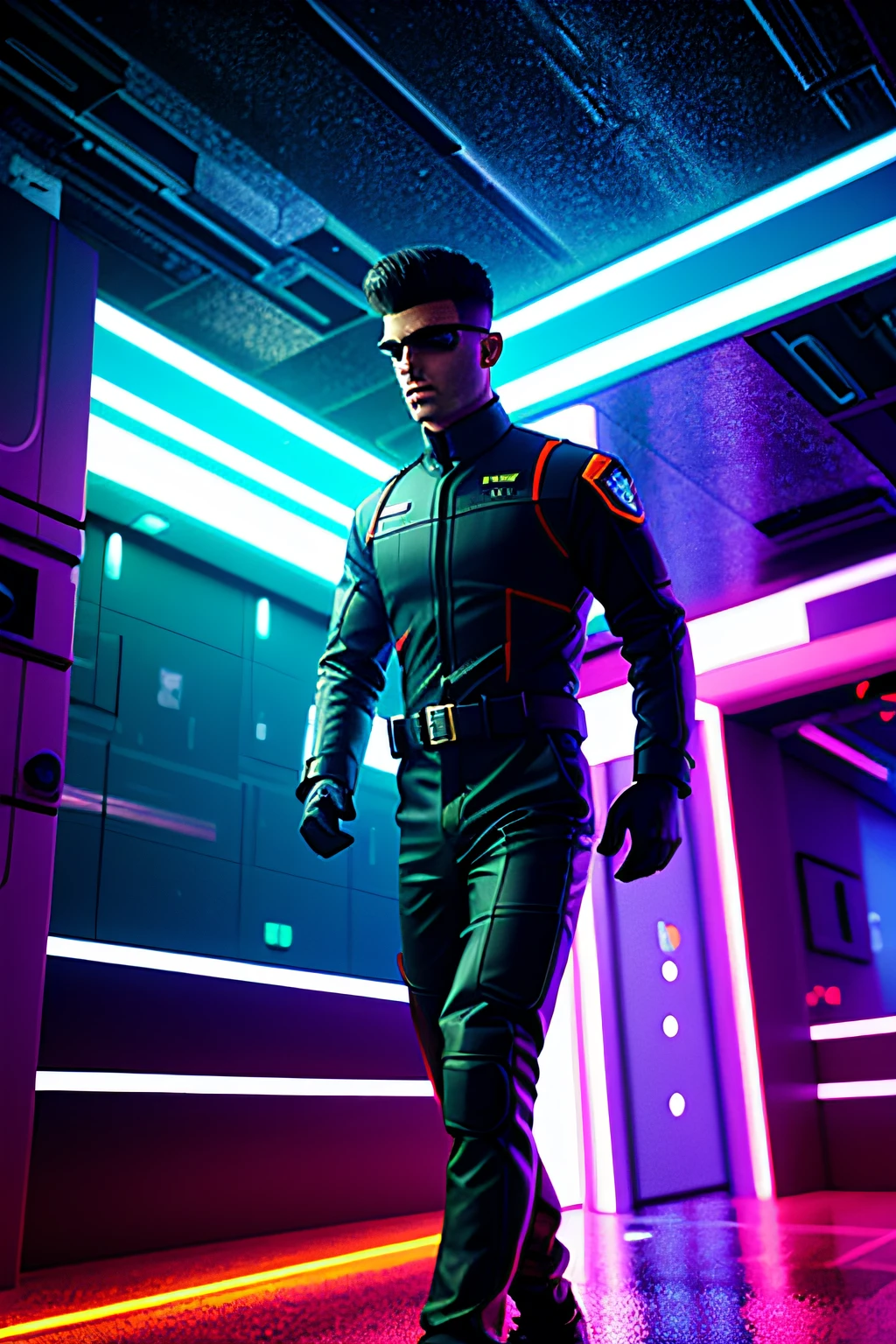 a futuristic soldier with a rifle running in a neon cityscape, pounding rain, cinematic