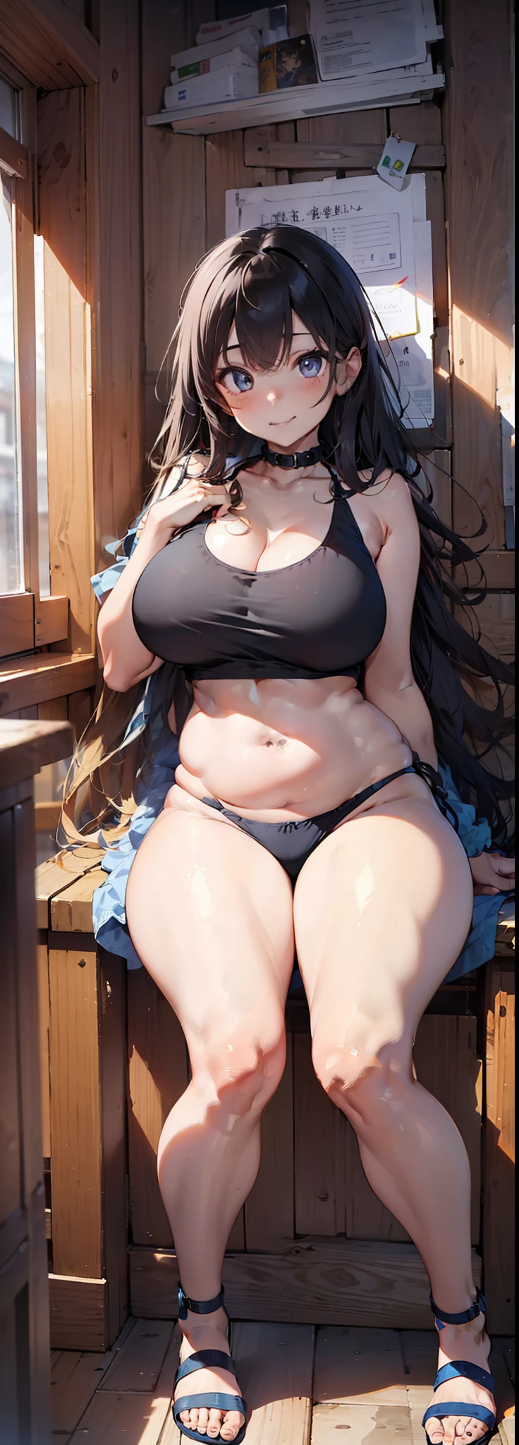 ((Best quality, 8k, Masterpiece :1.3)), 1girl, beautiful woman with emphasis on plump abs: 1.3, full body, (long hair, big breasts: 1.2), oversized tank top: 1.2, ultra-delicate face, delicate eyes, double eyelids, smile, home, random color clothes