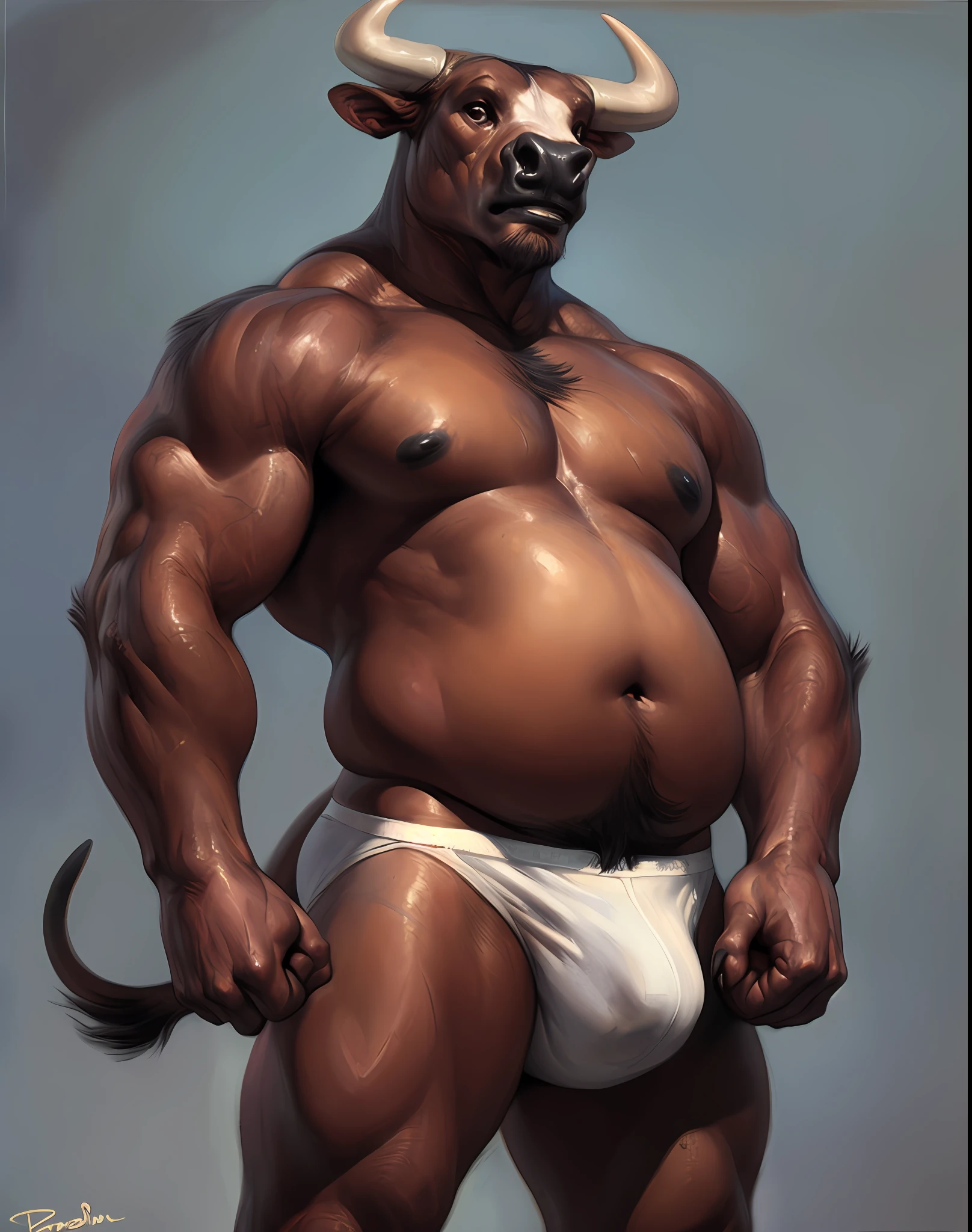 solo, anthro (bull), male, adult, bare torso, photorealistic, hyperrealistic, ultradetailed, natural pose, standing, by personalami, by honovy, by thebigslick, by taran fiddler, by pixelsketcher, correct hands, white briefs, bulge, nips, (muscular:1.3), (oily:1.3), grey wall background, detailed eyes, (beefy:1.3), (bulky:1.3), overweight, clenched fists