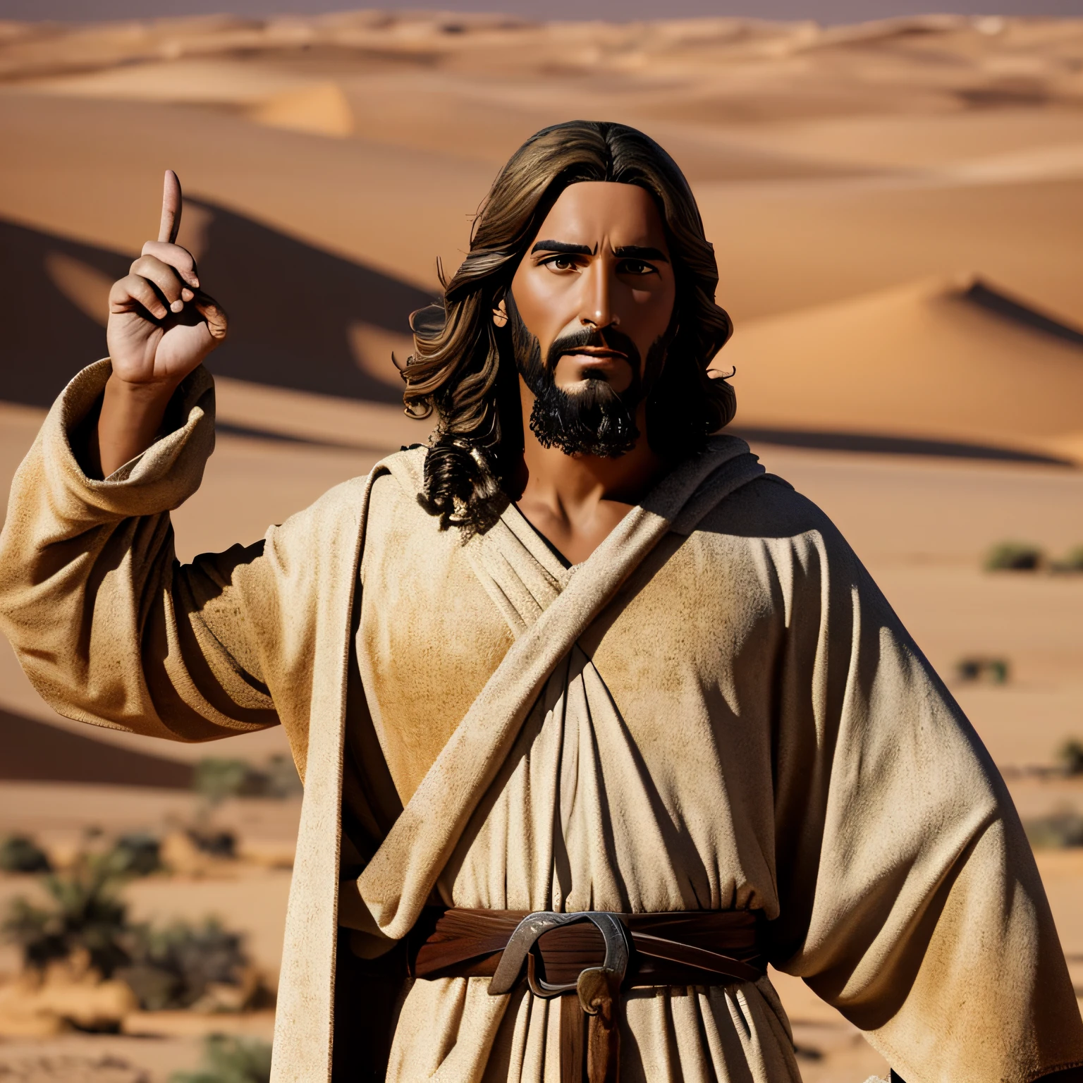 jesus cristo olhando para camera em cenario do deserto com varias casas antigas --auto
