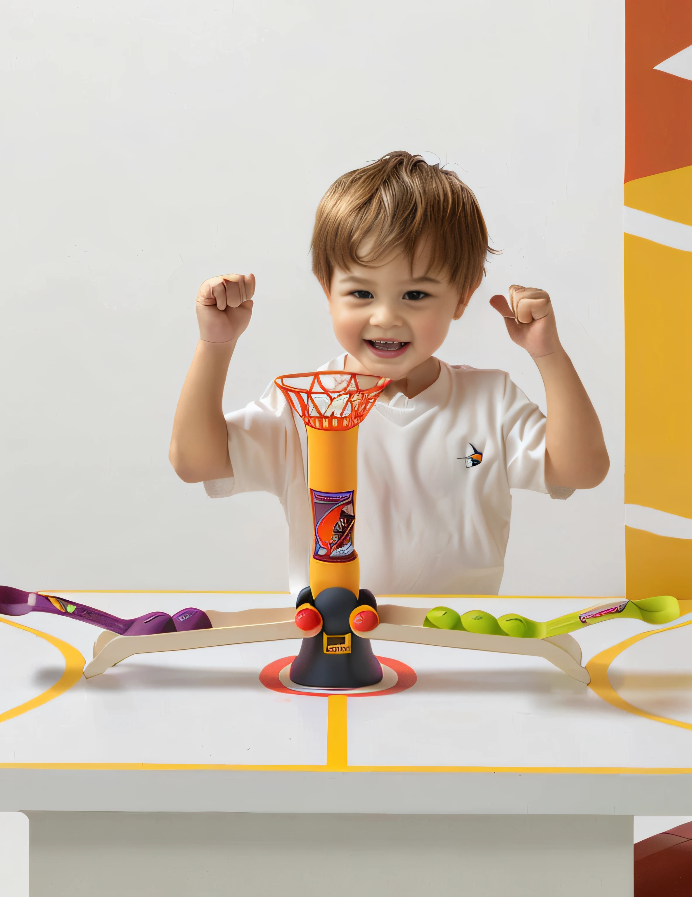 The Alafard boy holds a basketball hoop and tennis racket on a table, kids toy, kids toy, commercial photo of toys, center focus on table, dribble contest winner, kids toy, playful and cheerful, opening shot, kids toy, rockets, activity play centre, toy design, perspective shot, focused shot, medium close up shot
