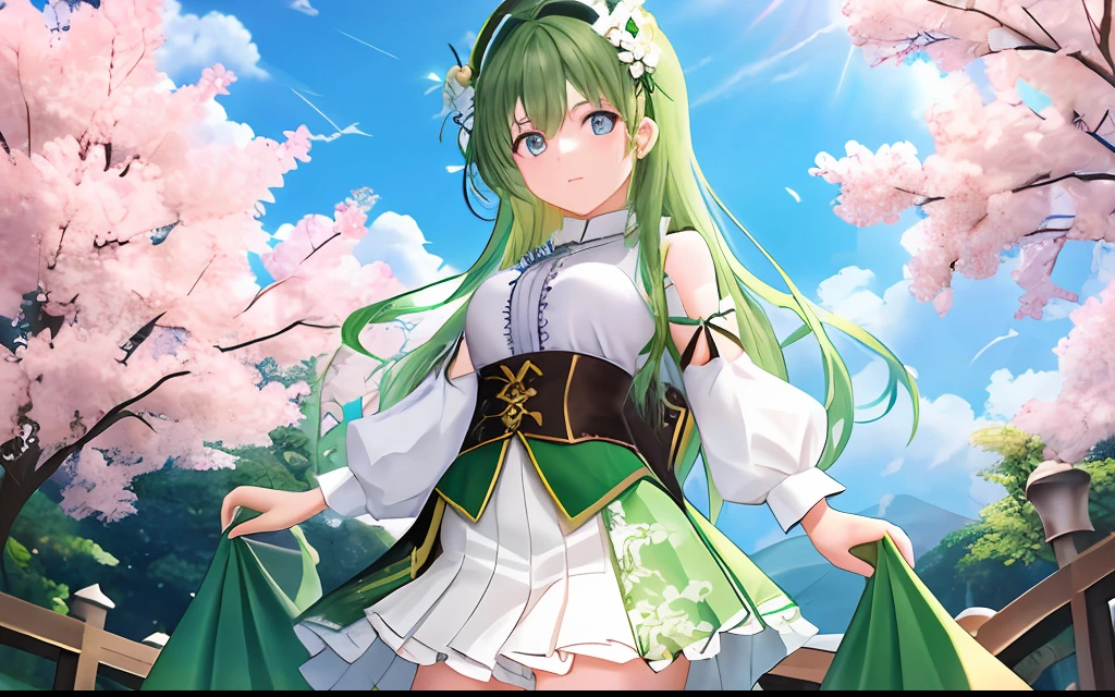 Green Dragon Horn,A girl with white cloth covered in her eyes。There are flowers on the head and skirt