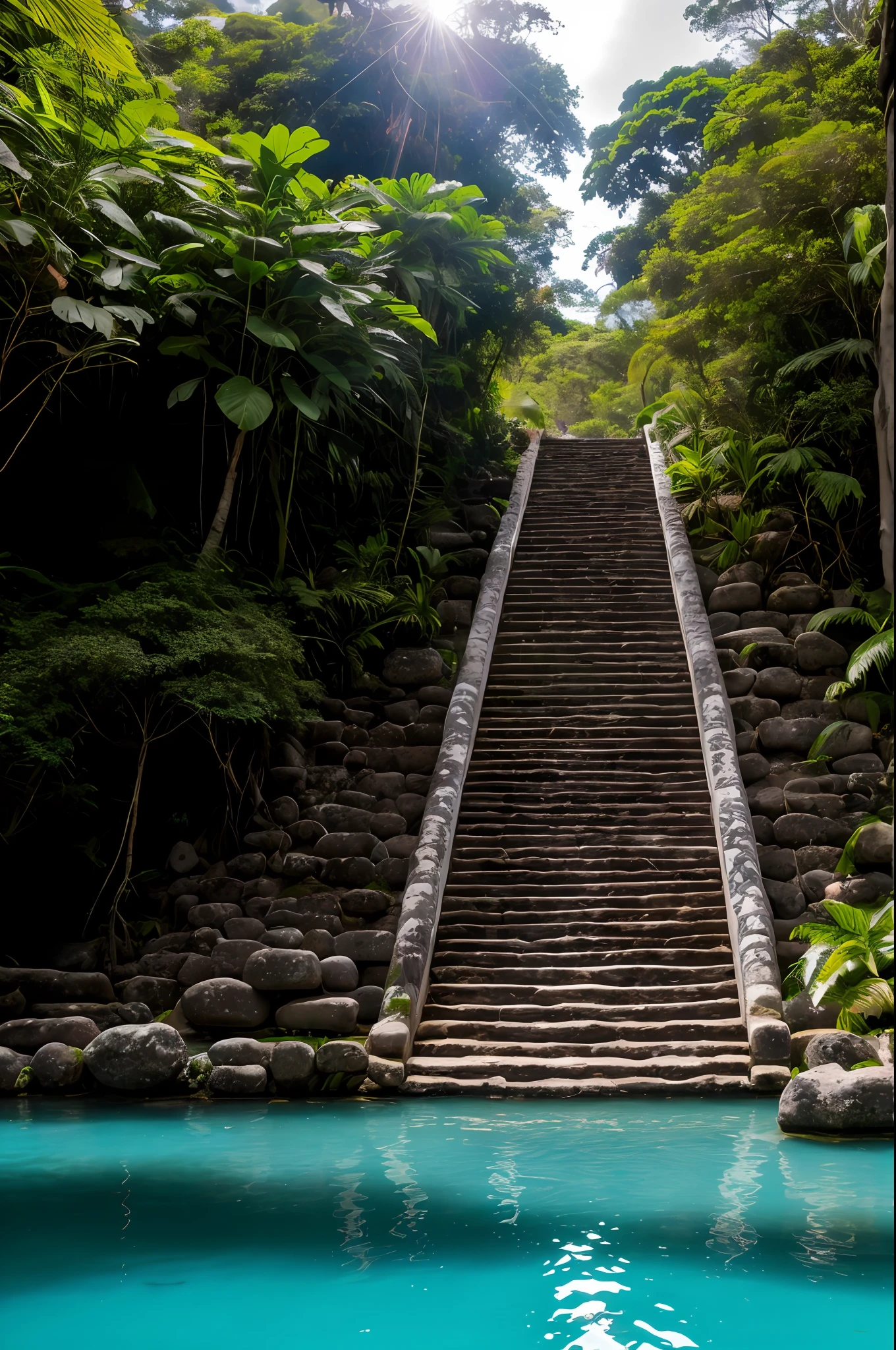 fotorrealista, ((Perfect lighting)), (Contre-Jour), (Fujifilm XT3), (camera f1.6 lentes), (volumetric illumination), (rewarded photography):Incredible pre-Hispanic old building in the middle of an intense turquoise lagoon, Temple of Quetzalcoatl, Detalles pesados, Intrincar, Lugar sagrado de la cultura antigua, In the Amazon rainforest