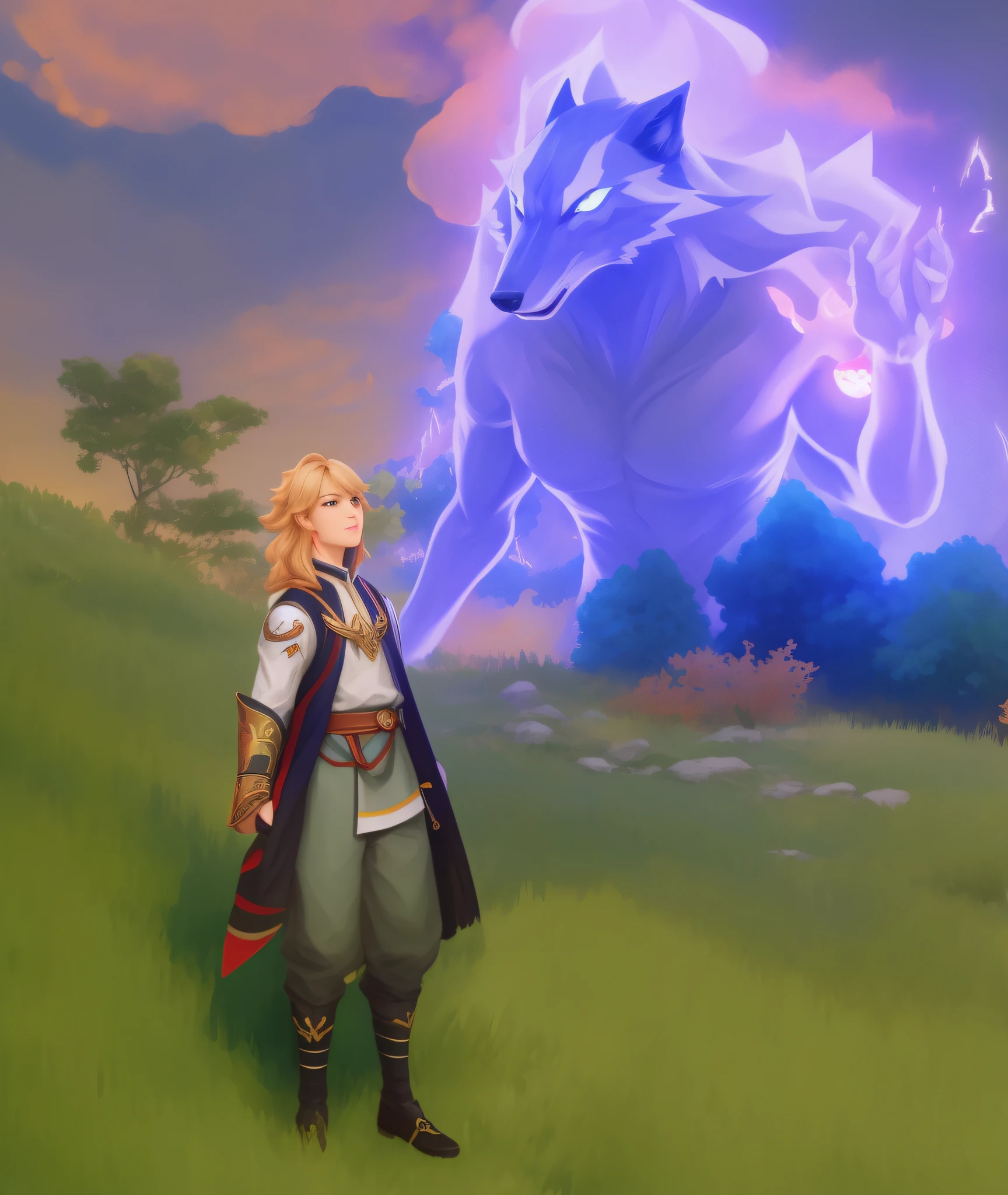 (Masterpiece), (Excellent), Best Quality, Masterpiece, Close-up of a person, standing in the field of, Video game Genshin Impact, Character Genshin Impact, Ayaka game Genshin Impact, Genshin Impact, Ethereal Wolf in the background, elemental guardian of life, Genshin Impact Style, genshin, Video game in the genre of role-playing game, A giant ethereal creature, The fusion of man and wolf, overcast sky, Clouds, Sunset,(Masterpiece), (Excellent), (Video-level lighting 1.5), (Masterpiece), (Best Quality), Highly detailed --auto --s2