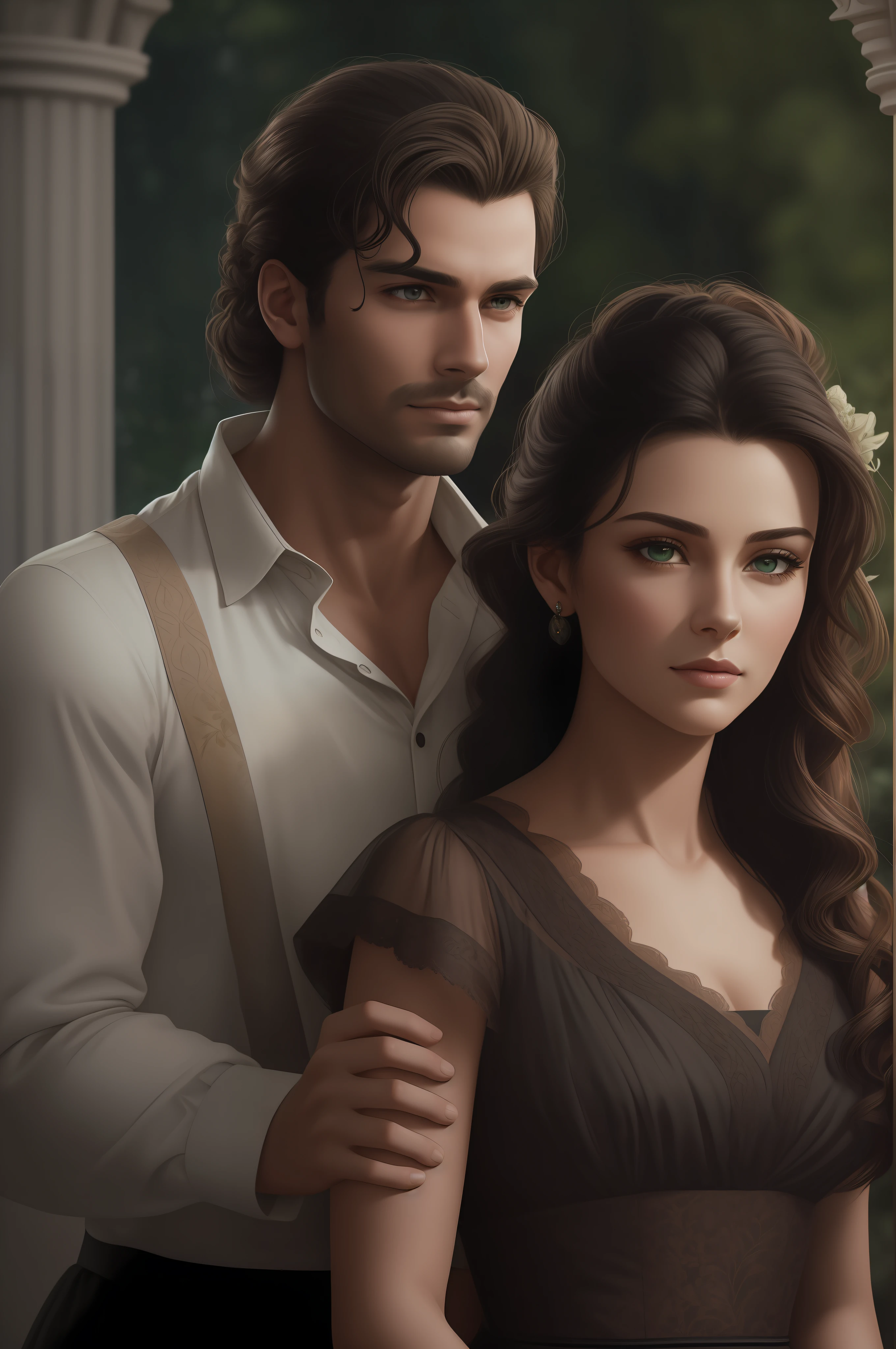 Masterpiece, best quality, RAW, analog style, A stunning portrait of a couple deeply in love in the gardens of a grand English countryside mansion in the year 1850. The man is tall, strong, and tanned handsome with brown wavy messy hair, brown eyes, and is around 30 years old. The woman is delicate with black straight hair styled in a bun, dark green eyes, and full lips, around 19 years old, scarlett ohara perfectly detailed facial traits. Create a masterpiece realistic illustration with intricate details capturing their love and emotions. Use clothes appropriate for the time period, and ensure the artwork is highly detailed.  Please pay close attention to the details, such as the highlights and shadows on face and hair, to create a lifelike and realistic image. Experiment with different lighting techniques to enhance the mood and atmosphere of the portrait. The final product should be a masterpiece that captures the essence and beauty of the couple, ((highly detailed skin, skin details)), sharp focus, volumetric fog, 8k UHD, DSLR, high quality, film grain, Fujifilm XT3