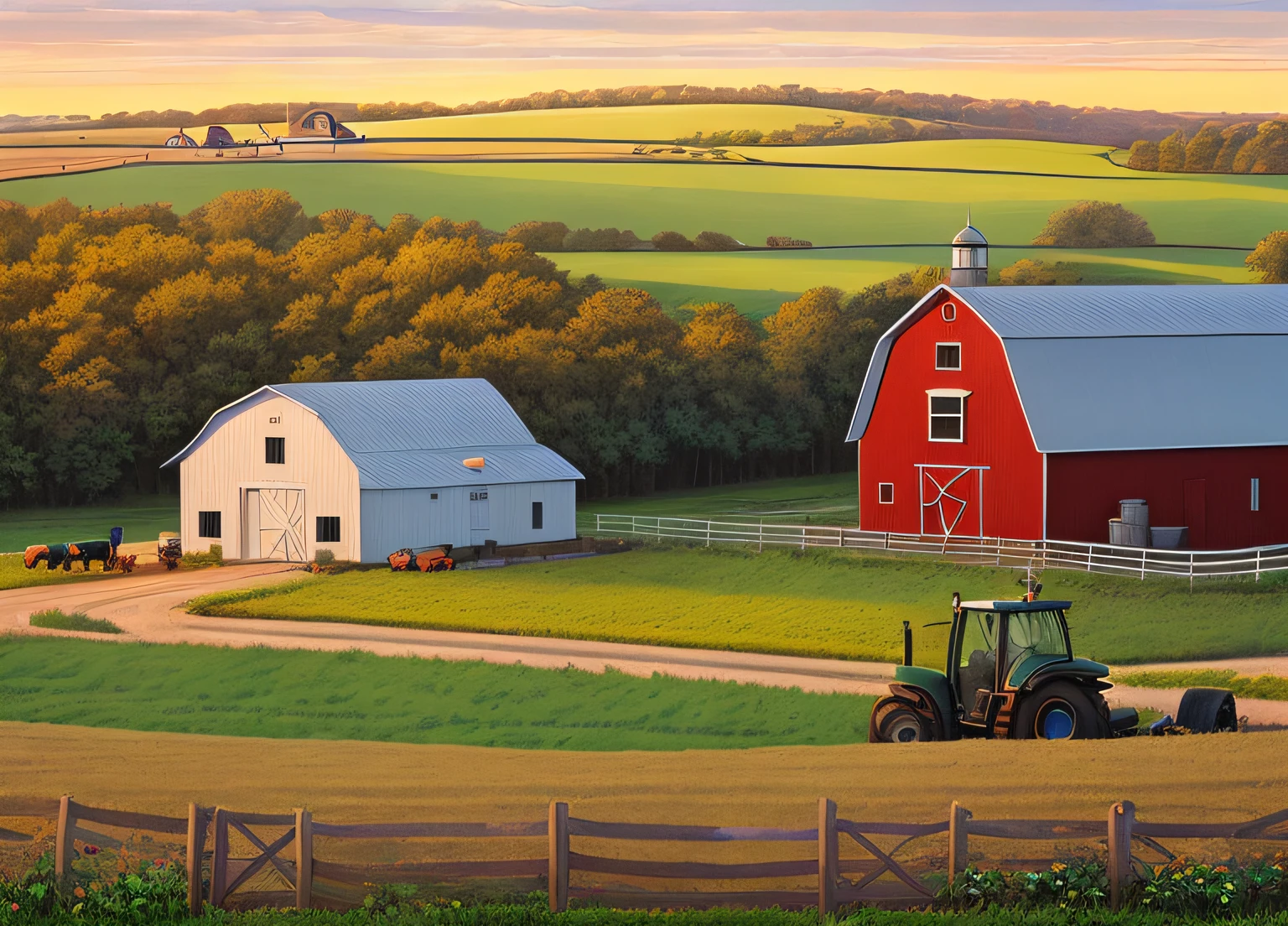 high quality comic of a farm scene with a tractor and farm buildings, rural splendor, country landscape, farm background, by Wayne England, midwest countryside, countryside city scene, by Rob Alexander, detailed scenery —width 672, by David B. Mattingly, by Ronald Davis, inspired by Terry Redlin, by Richard Sedlon, on a farm, farms, 4k by artist john sloane
