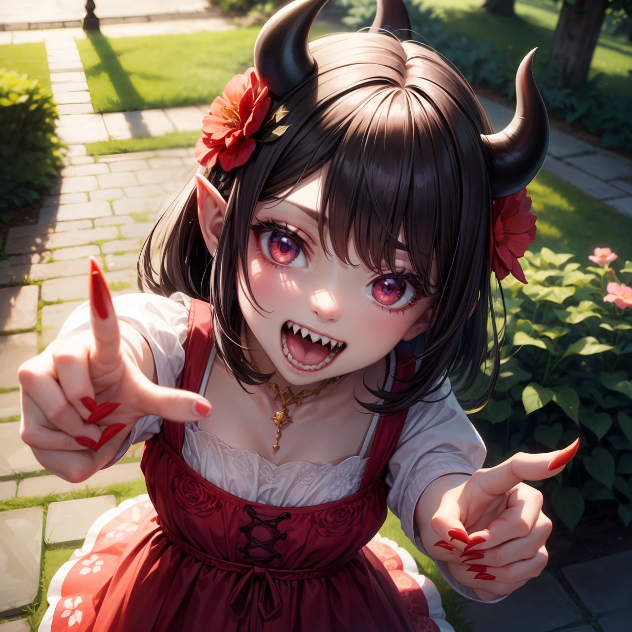 Cute little demon girl, in a cute summer dress with a floral pattern, flower in her hair, red claws on the fingers, sharp teeth, pointing to viewer, in a beautiful park, Shooting from a high angle, Intricate, Detailed, Cinematic, trending on pixiv, 4k