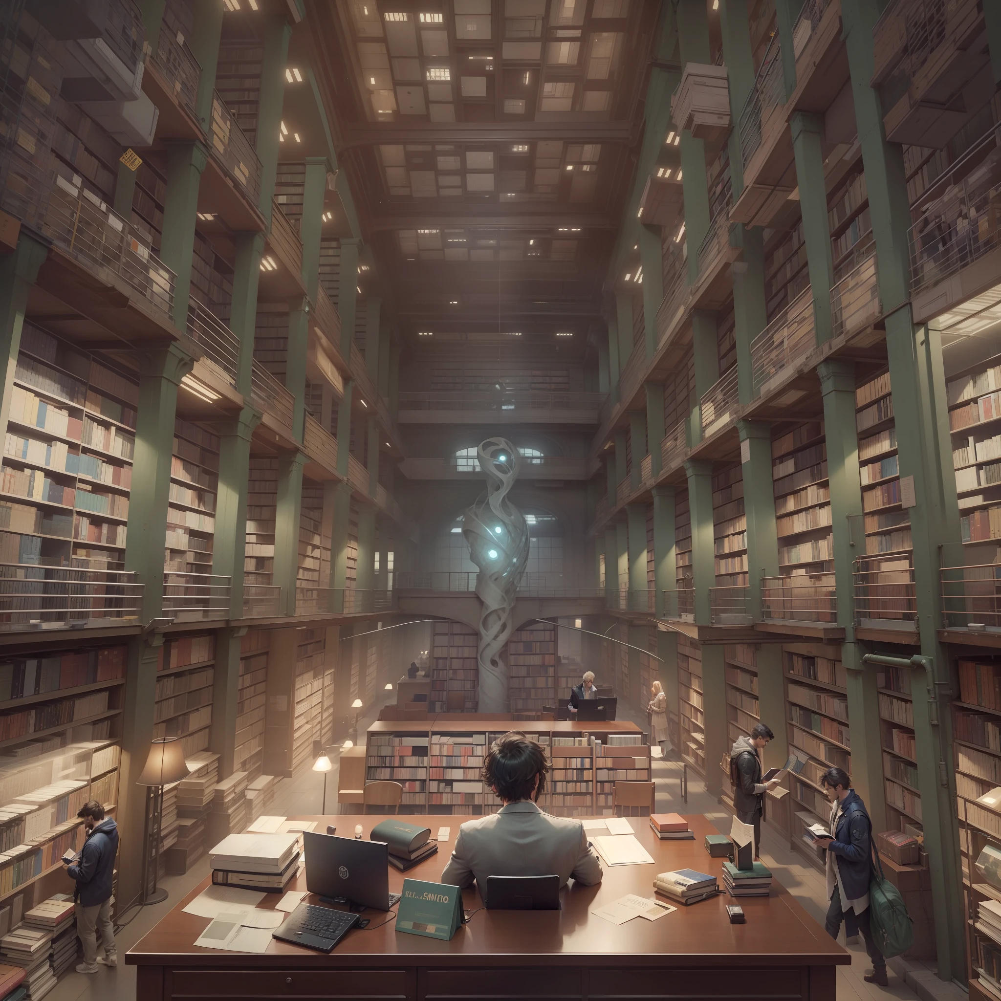 infinite library scenario, biblioteca ampla, In the center of the library is a writer, homem escrevendo, escrivaninha, ghost in the shell, half man half machine, machine cast man