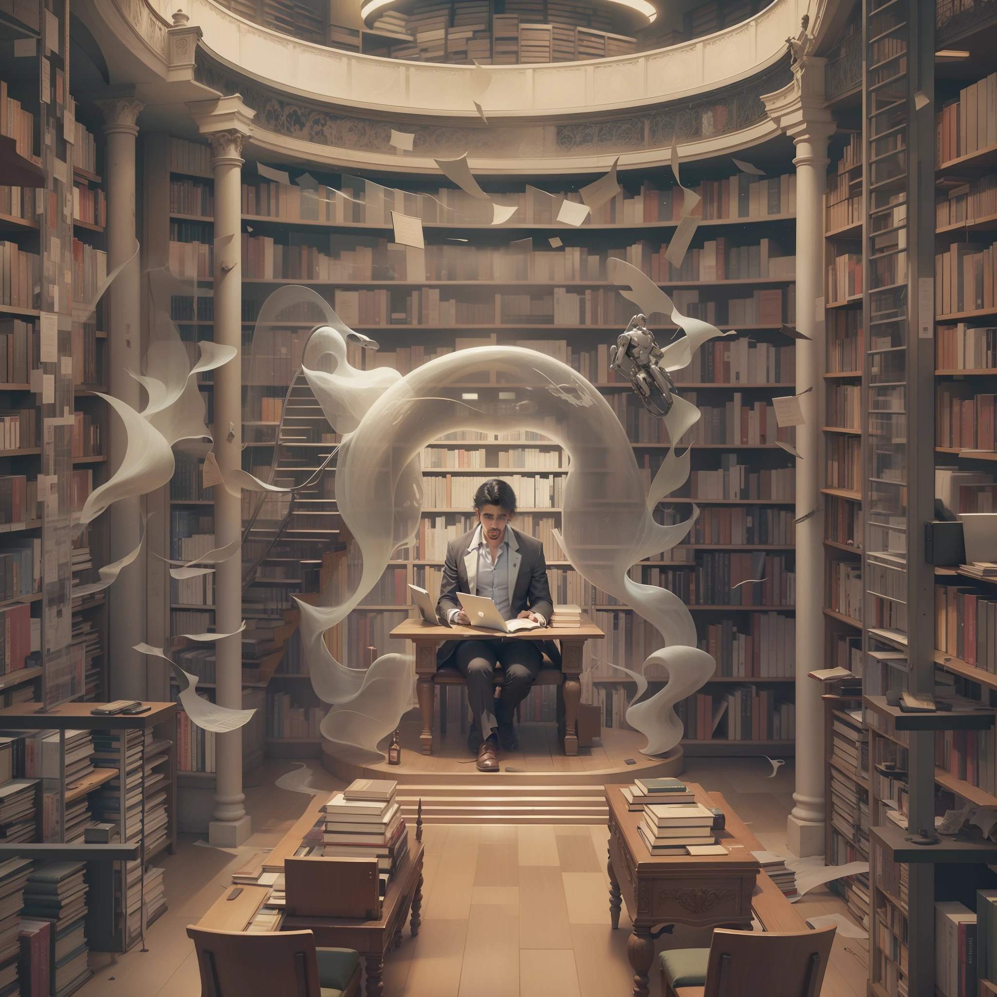 infinite library scenario, biblioteca ampla, In the center of the library is a writer, homem escrevendo, escrivaninha, ghost in the shell, half man half machine, machine cast man