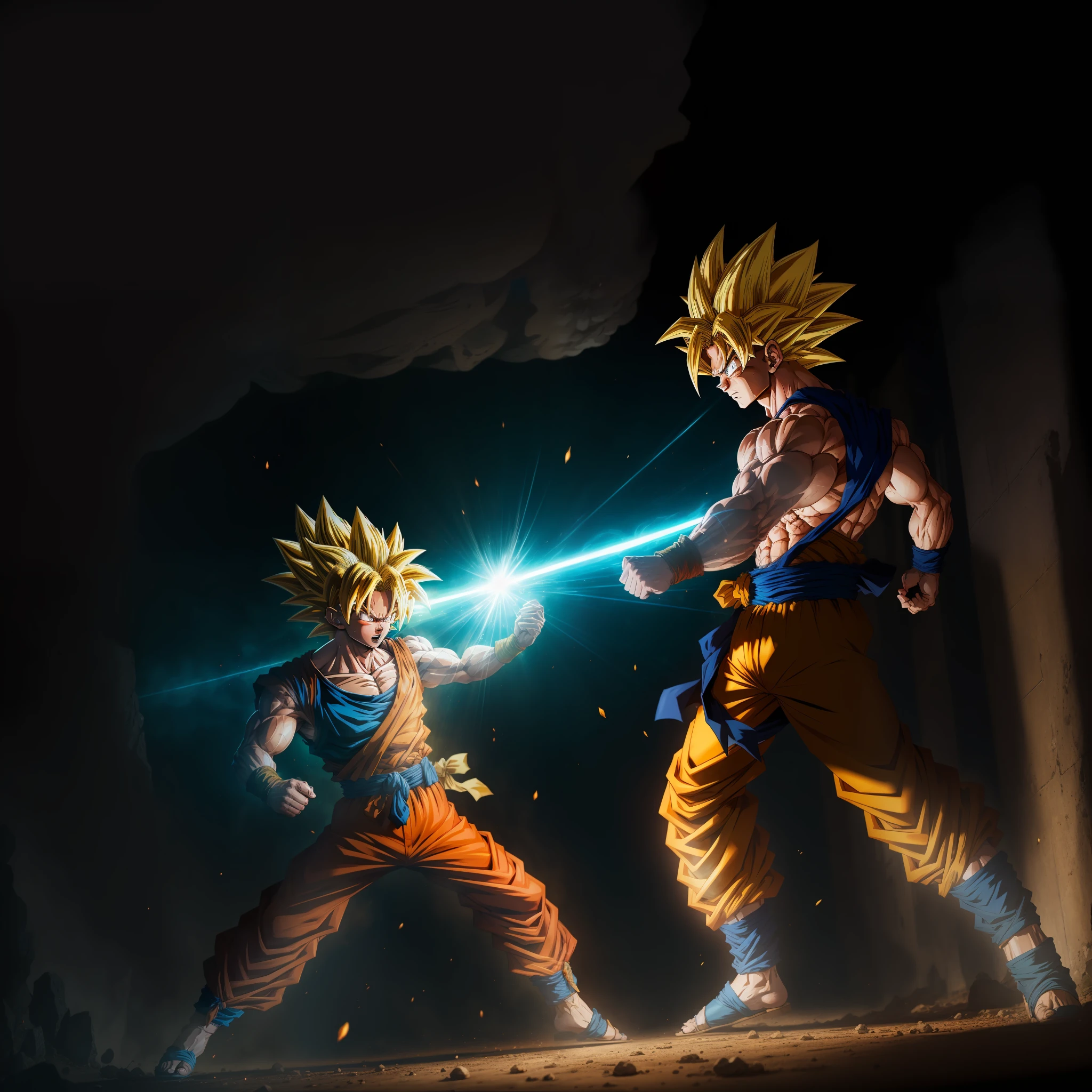 Son_goku transformed into super sayajin yellow hair blue eyes good anatomy fighting pose great lighting defined muscles --auto