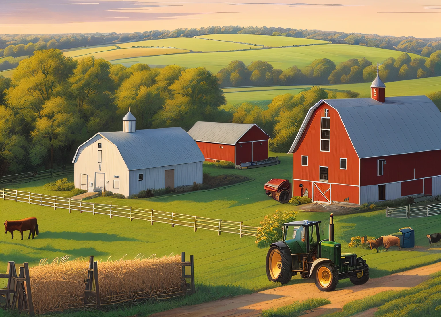 high quality comic of a farm scene with a tractor and farm buildings, rural splendor, country landscape, farm background, by Wayne England, midwest countryside, countryside city scene, by Rob Alexander, detailed scenery —width 672, by David B. Mattingly, by Ronald Davis, inspired by Terry Redlin, by Richard Sedlon, on a farm, farms, 4k by artist john sloane
