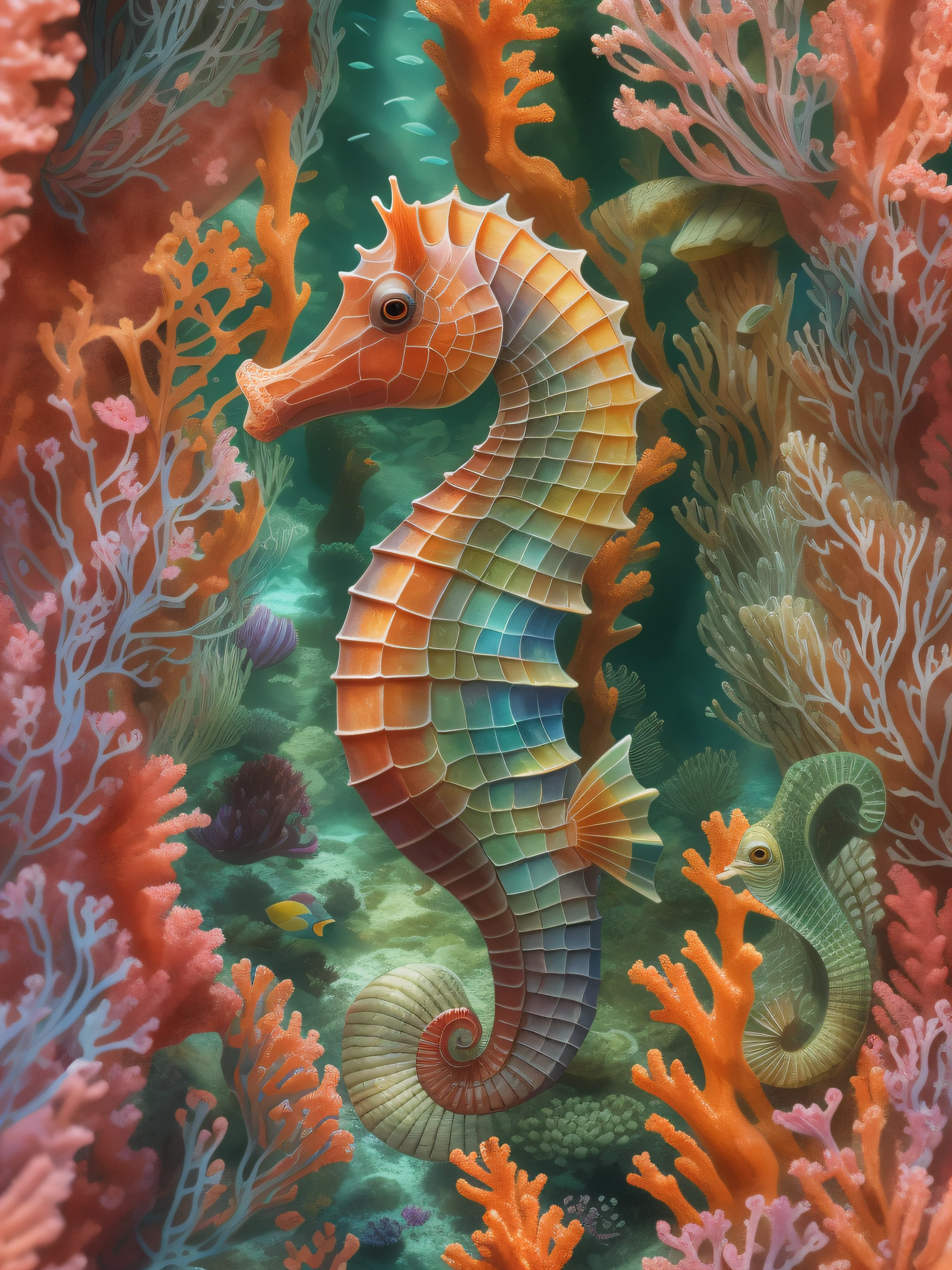 A seahorse in a colorful coral garden with intricate detailing, conceptual art, professional detailing, play of light and shadow, 4k hdr, hyper realistic, masterpiece, highly detailed, digital painting, best quality, highres, detailed work, post-processing, perfect face, perfect eyes
