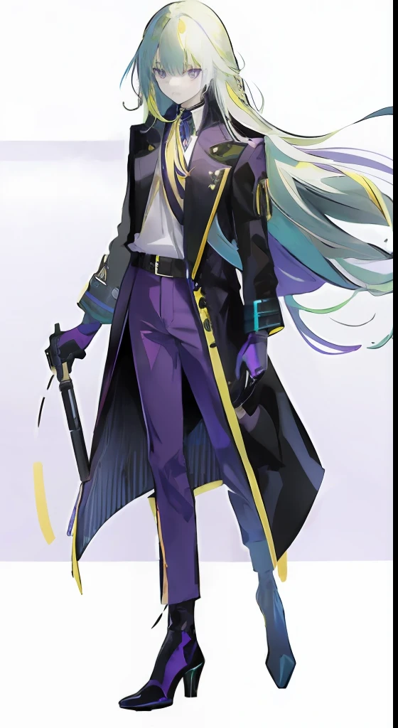 Neutral male with yellow-green long hair、Purple eyes、Long coat in black、Purple high neck、Purple pants、Knee-length black high heel boots