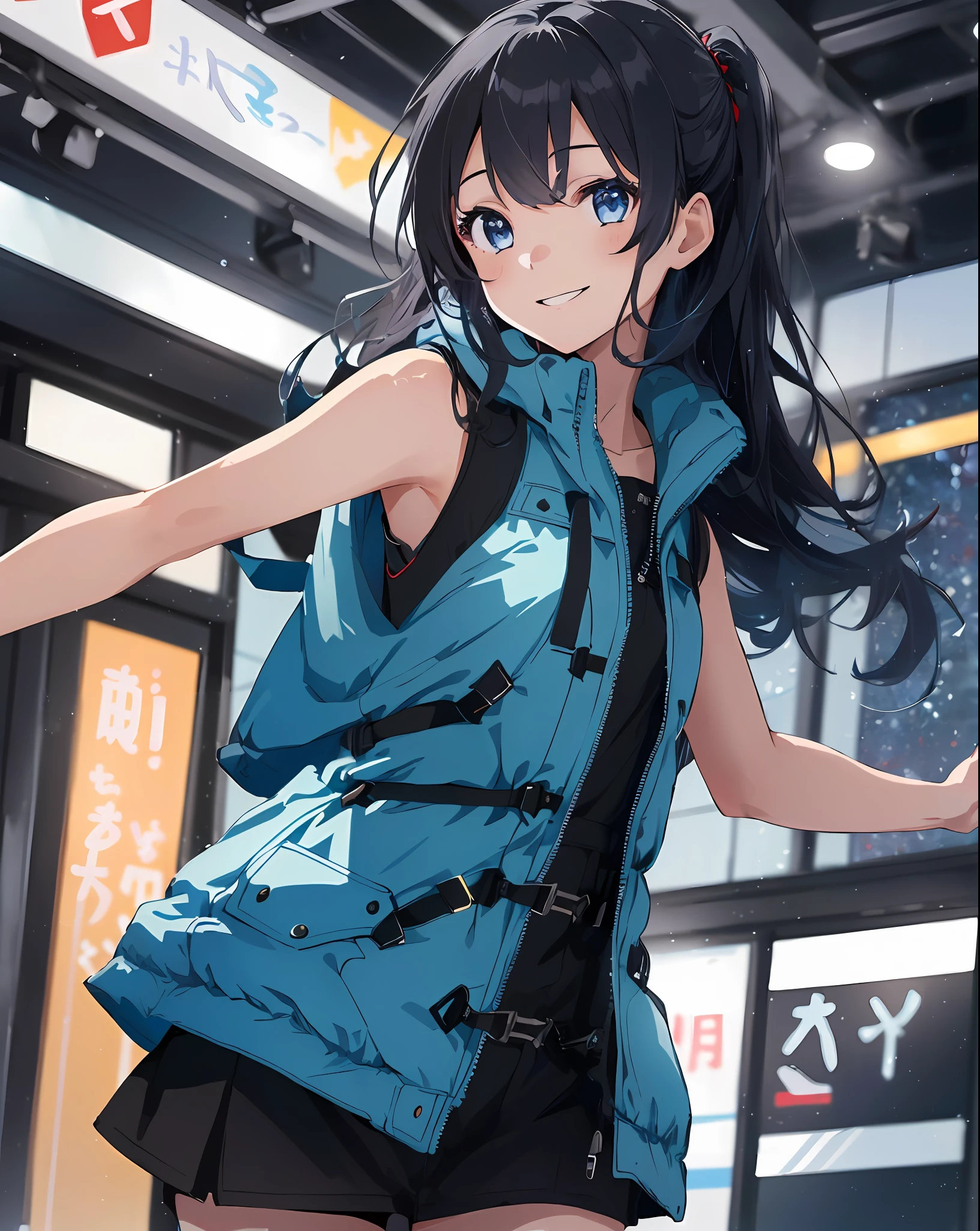 1girl, (solo:1.2), ((masterpiece)), slim, small chest, pale skin, ((detailed eyes)), (bokeh effect), (dynamic angle), dynamic pose, black hair, long hair, blue hair, interior, smile, (sleeveless parka)