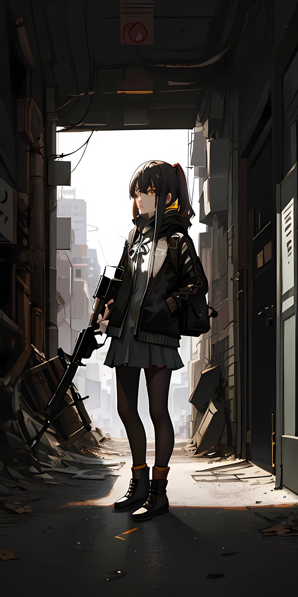 (masterpiece), (best quality), ((portrait)), (ultra-detailed), (best illustration), (best shadow), ruined city background, girl standing on the street, close-up, sad face, (holding firearm)