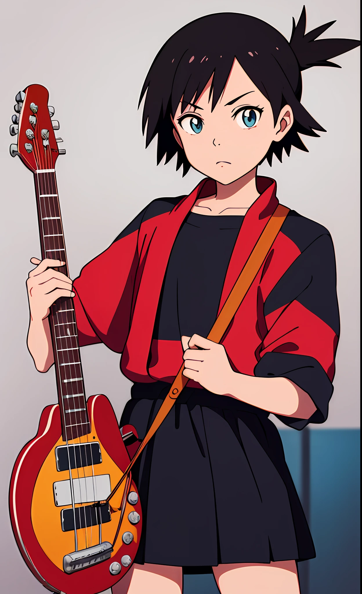 Haruko Haruhara da FLCL segurando um Rickenbacker 4001 azul, Estilo Soul Eater, Directed by: Isaac quek (30%), por studio ghibli (50%), Por Ilya Kuvshinov (20%), master part, Altas, 4k, arte digital, estilo anime, Olhos detalhados, corpo detalhado, fundo simples, solo, alone, red and black pallete
